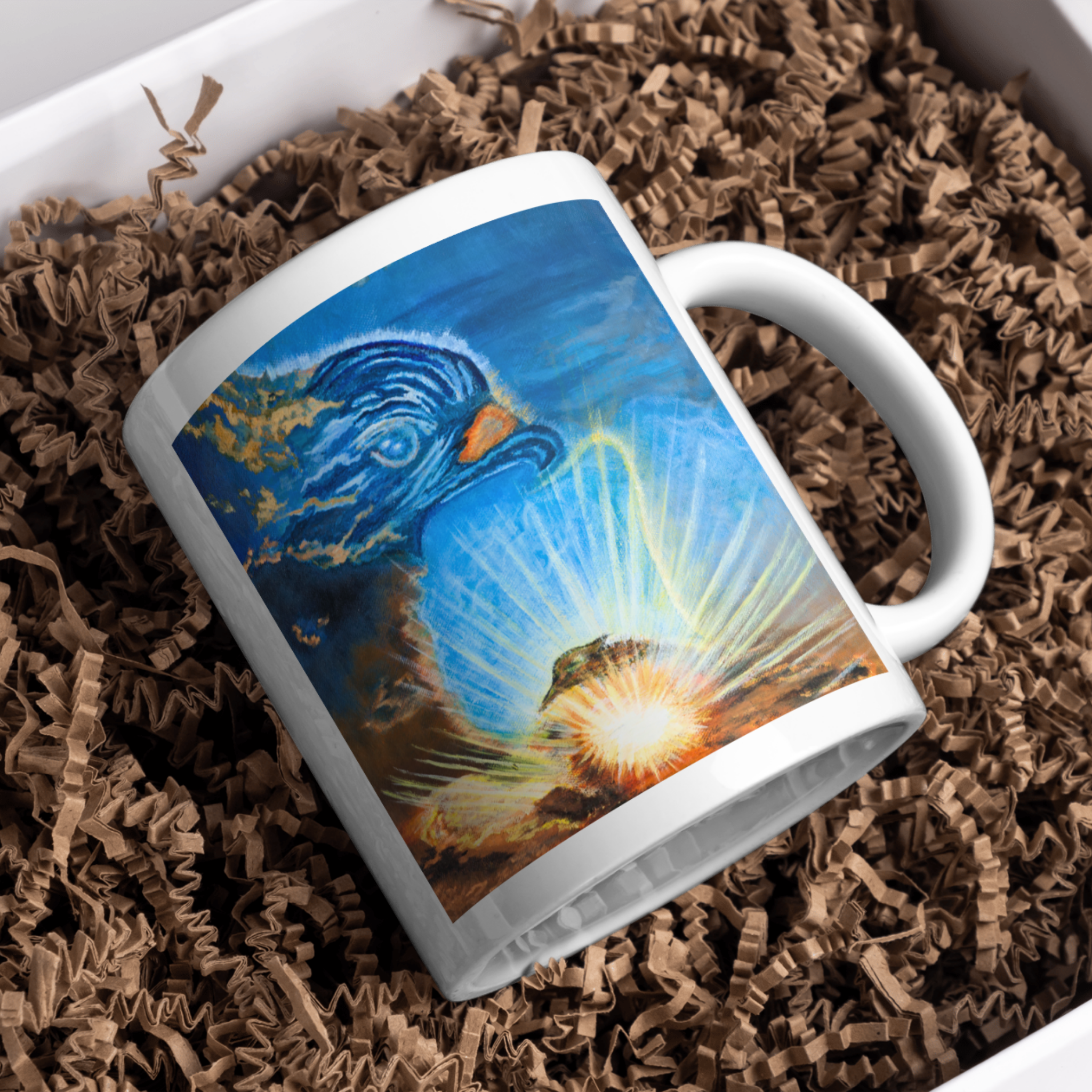 Messenger in the Sky Mug – Ceramic Mug with Surreal Cloud Bird & Sunburst Artwork