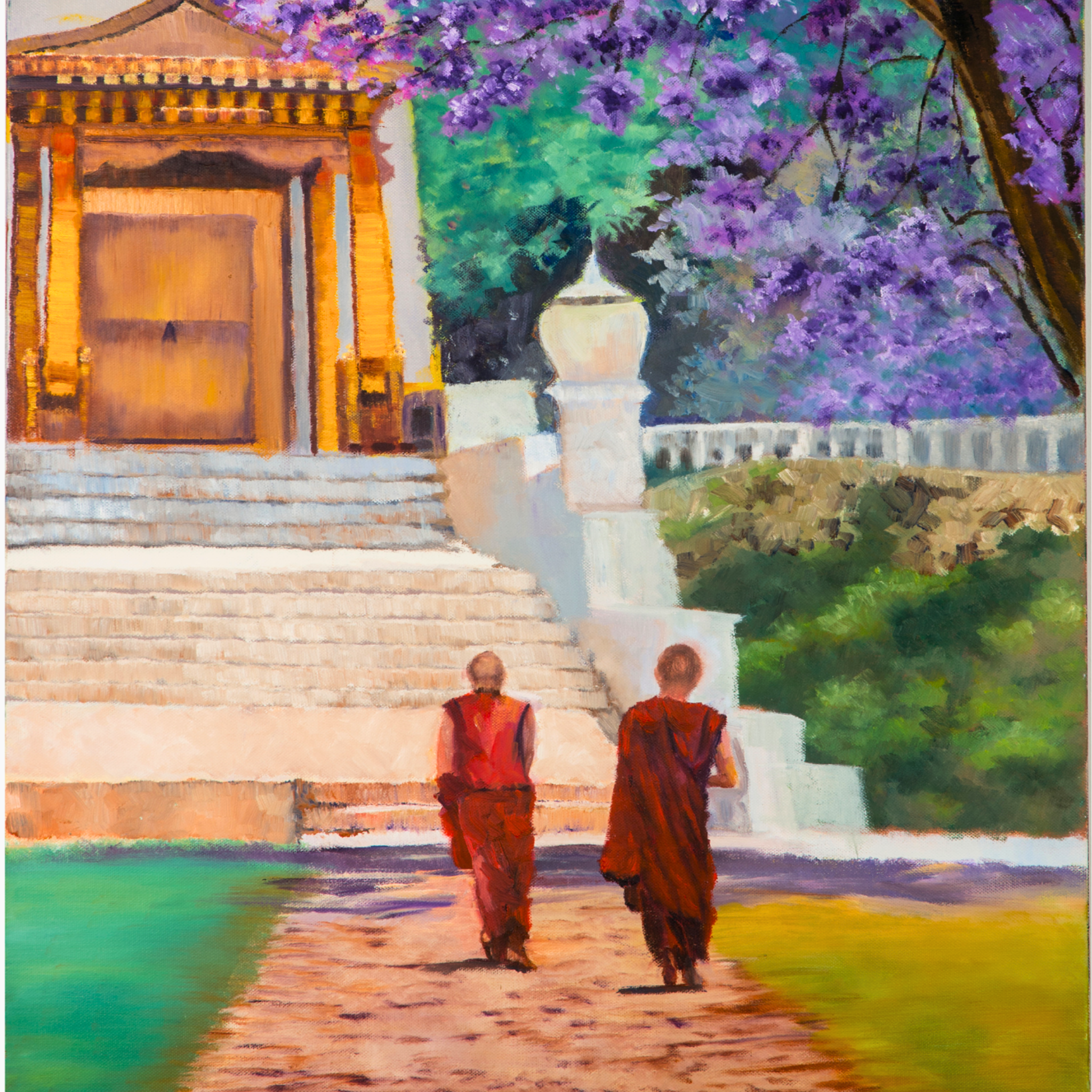Temple Path Canvas Print – A3 Spiritual Landscape Wall Art with Purple Blossoms