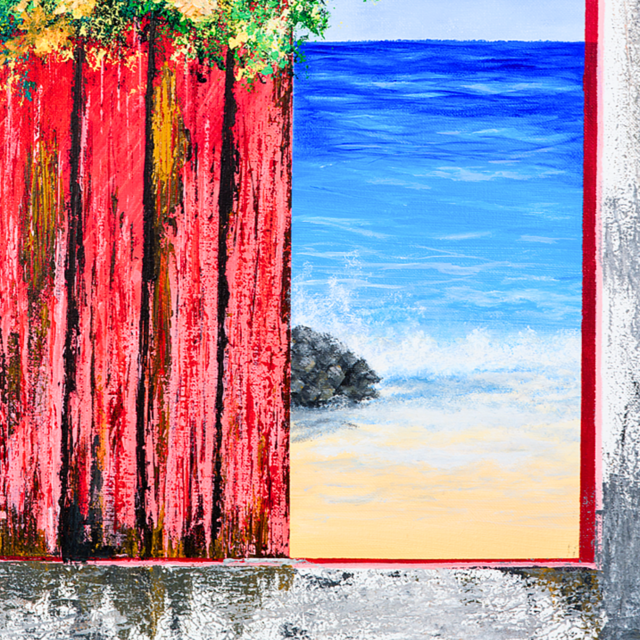 Ocean View with Blossoms Canvas Print – A3 Coastal Floral Landscape Wall Art