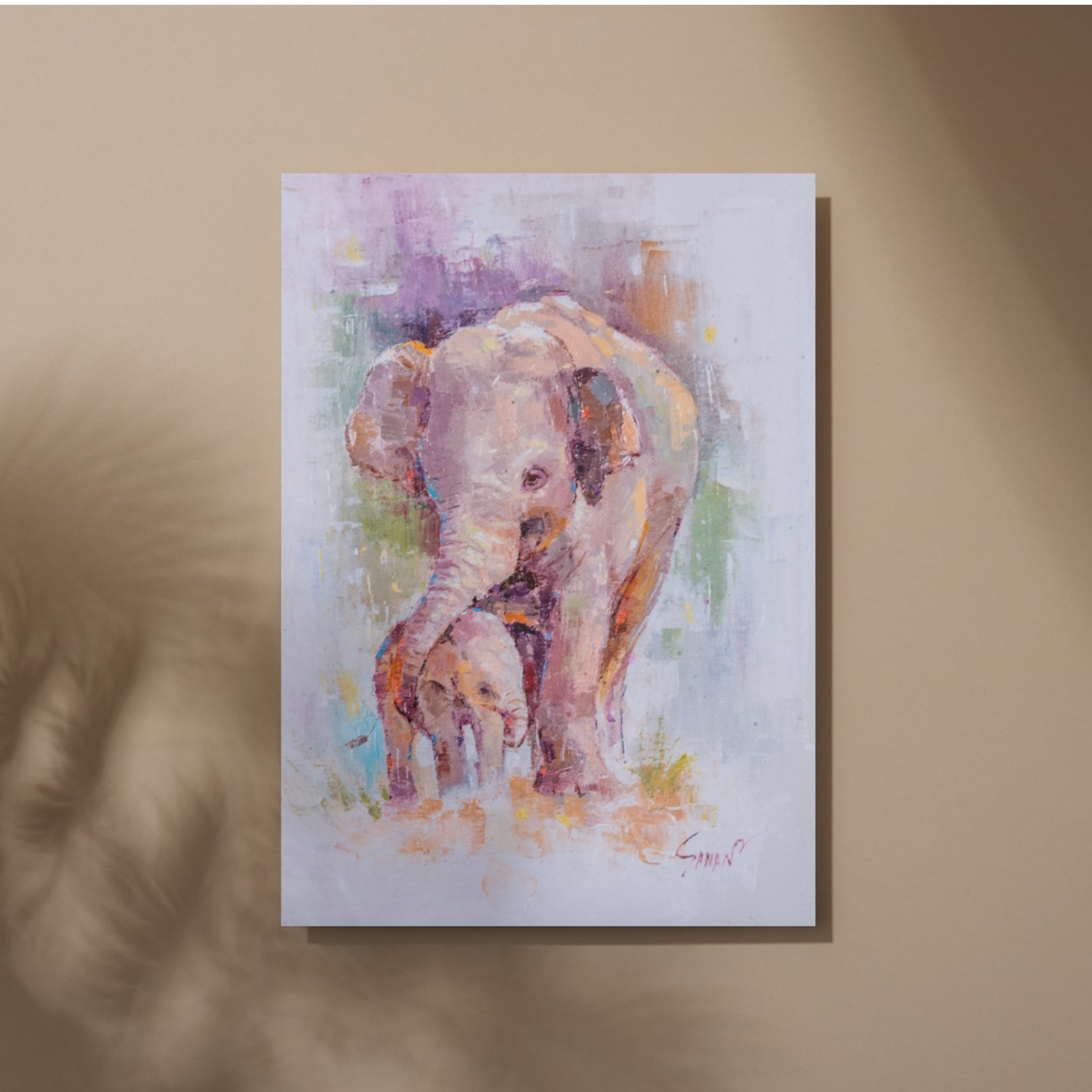 Elephant Mother & Baby Canvas Print – A3 Tender Wildlife Wall Art