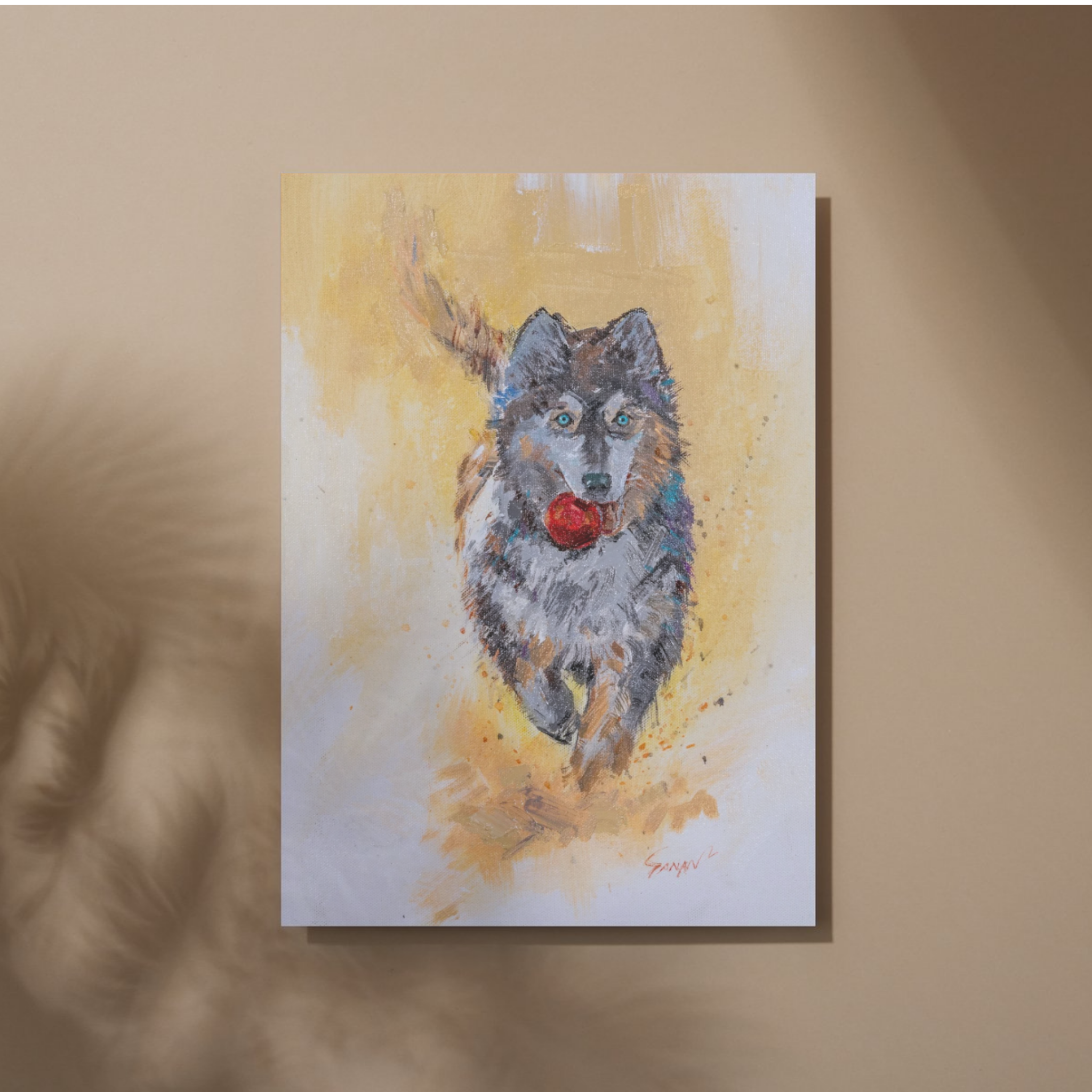 Playful Husky with Red Ball Canvas Print – A3 Energetic Dog Wall Art