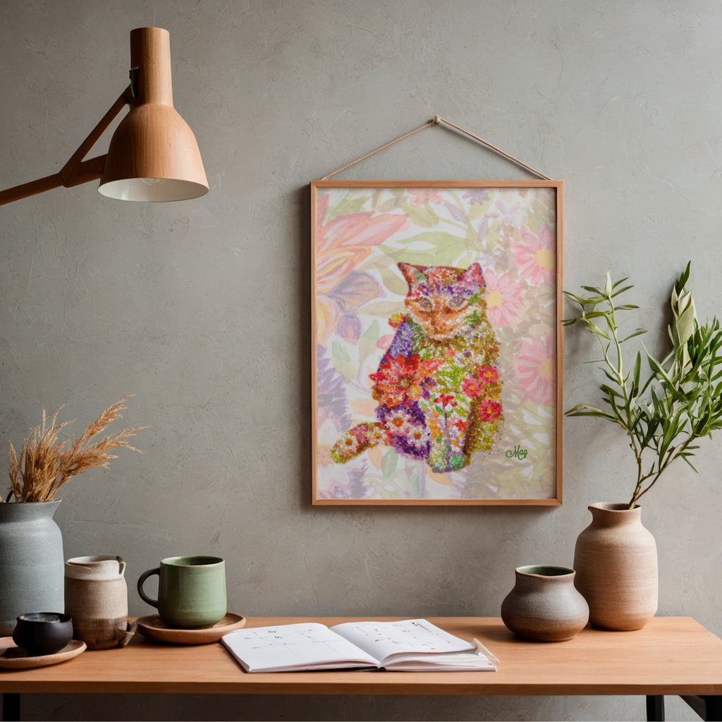 Floral Pointillism Cat Canvas Print – A3 Vibrant Whimsical Wall Art