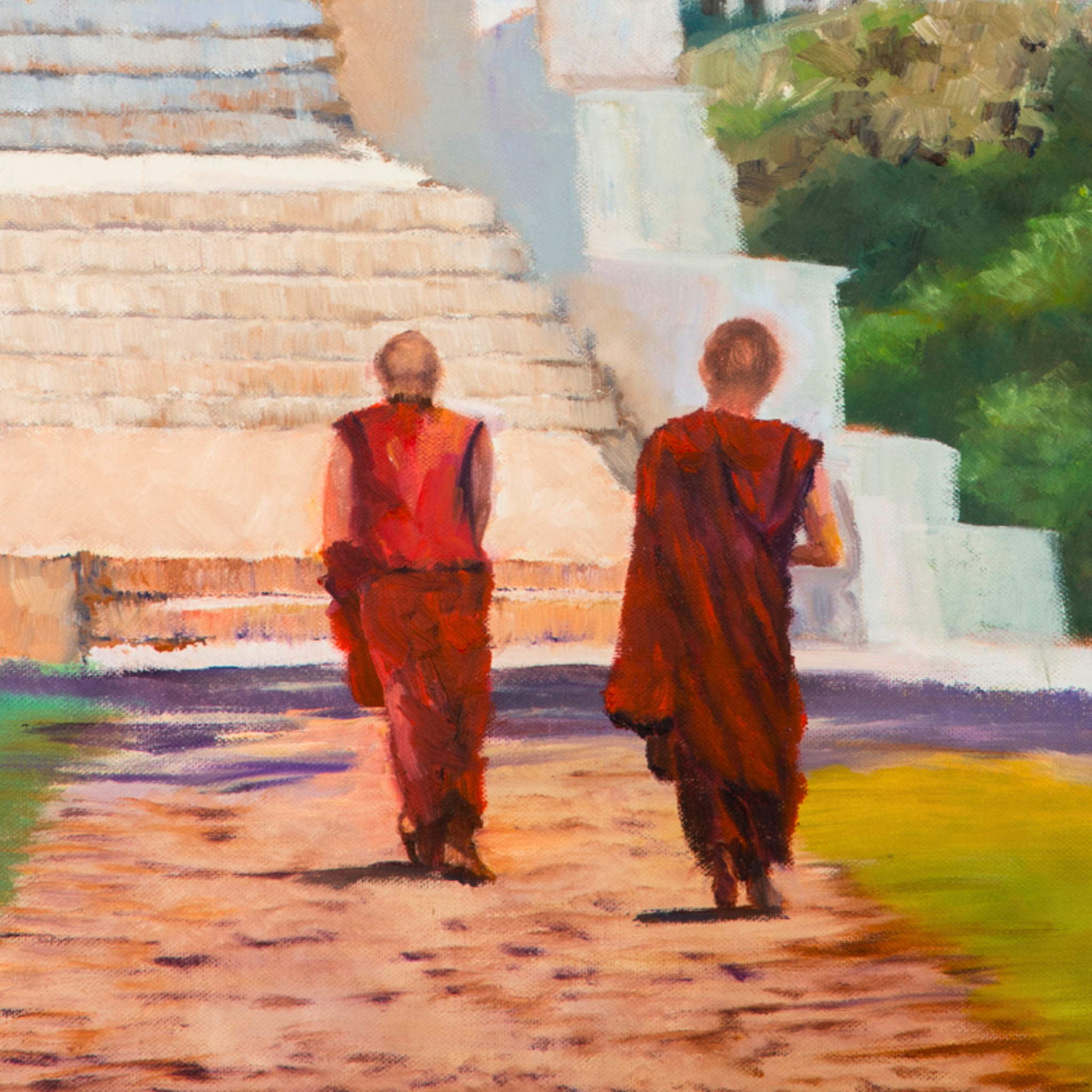 Temple Path Canvas Print – A3 Spiritual Landscape Wall Art with Purple Blossoms