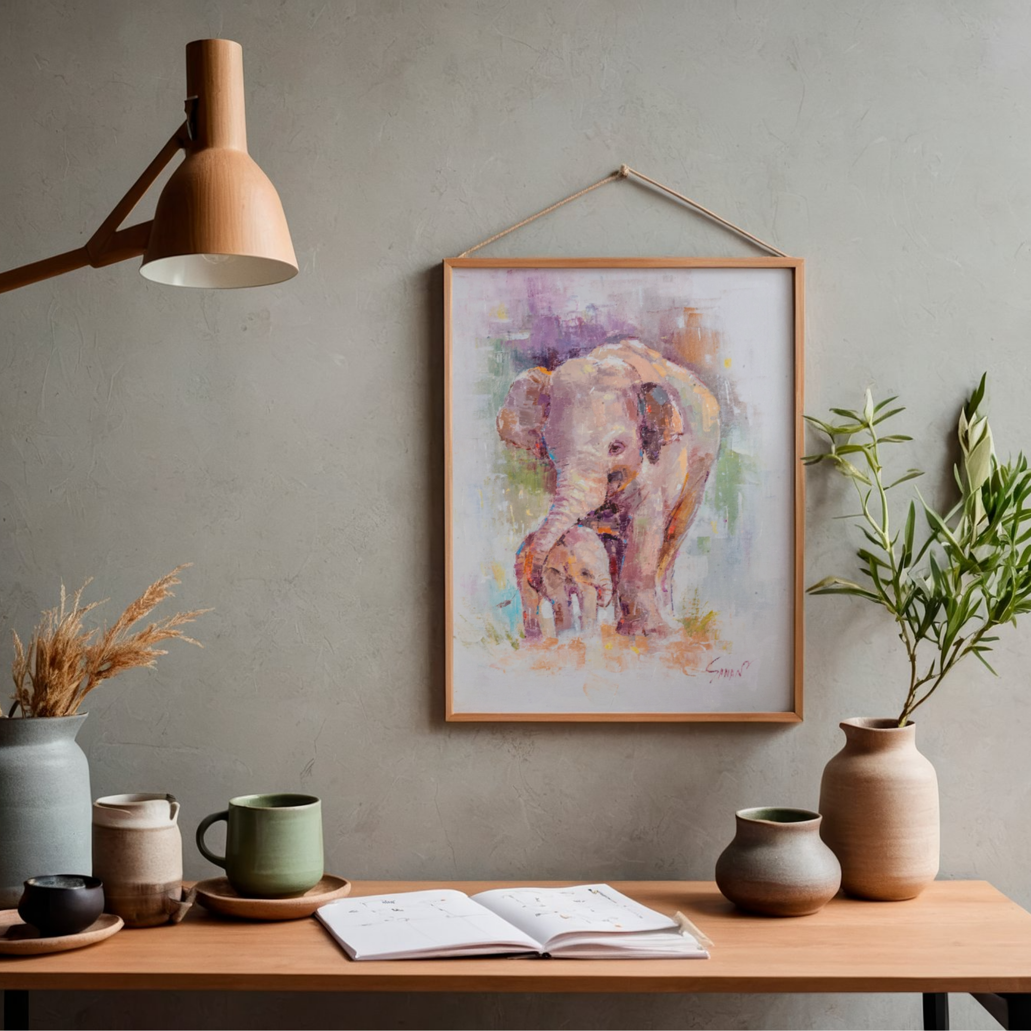 Elephant Mother & Baby Canvas Print – A3 Tender Wildlife Wall Art