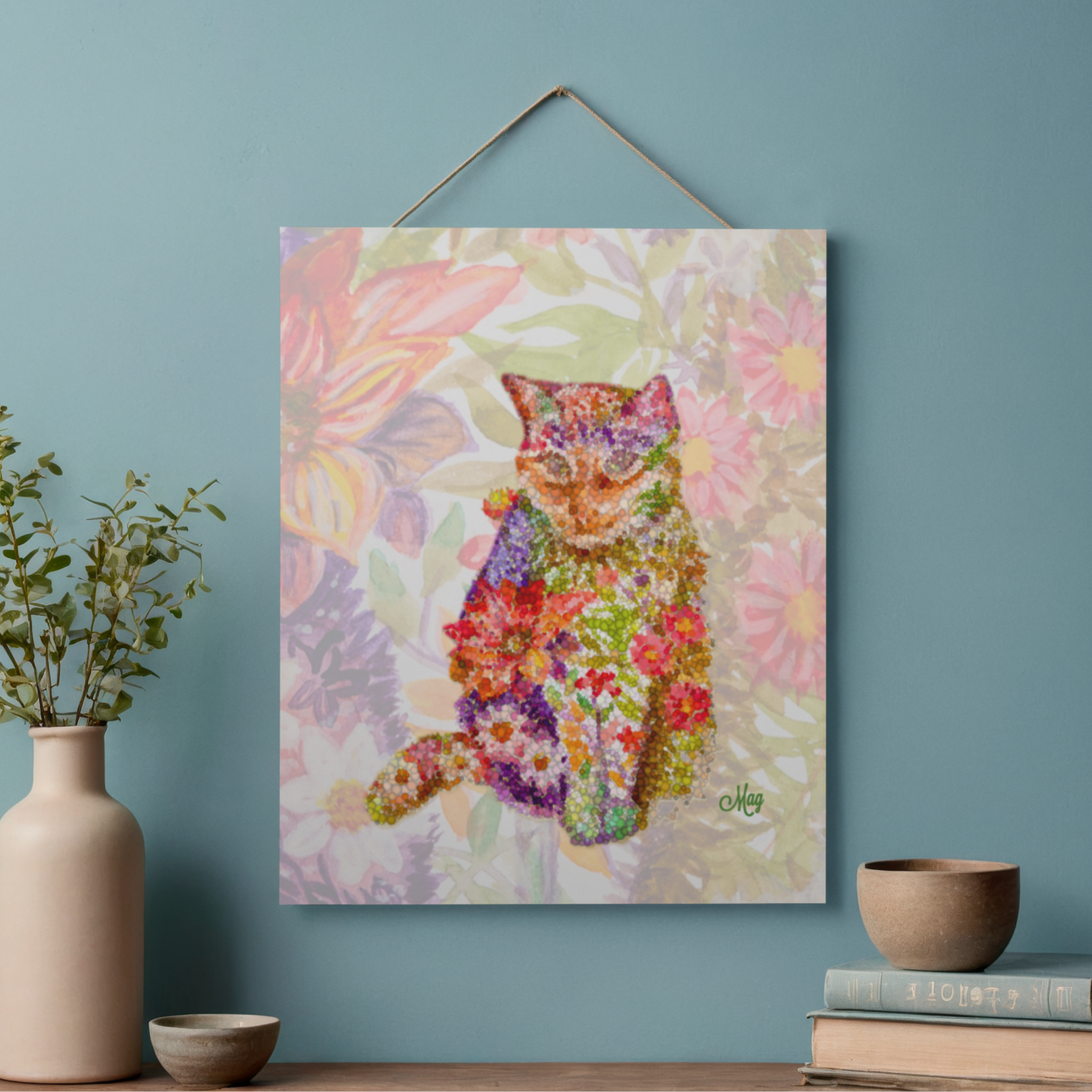 Floral Pointillism Cat Canvas Print – A3 Vibrant Whimsical Wall Art