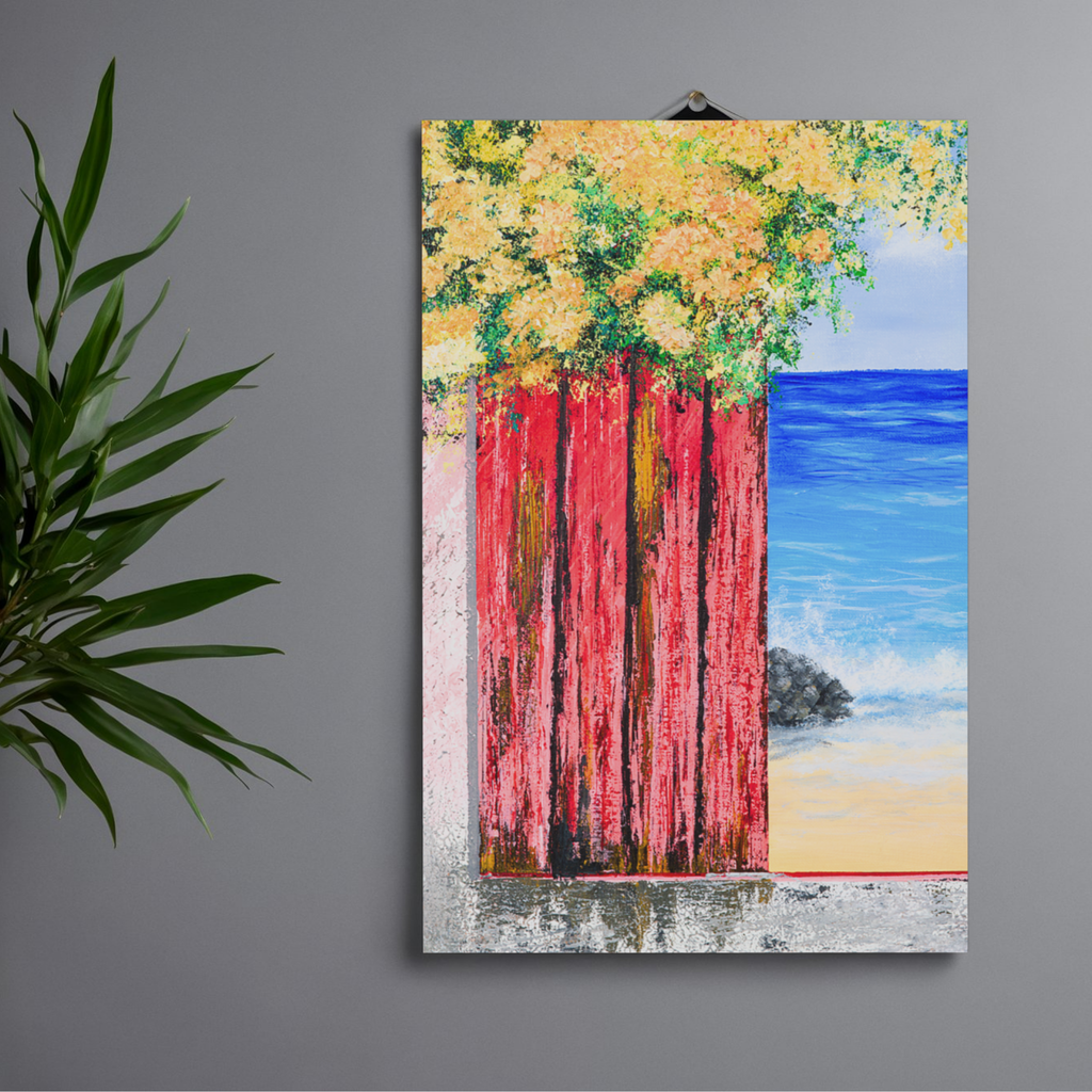 Ocean View with Blossoms Canvas Print – A3 Coastal Floral Landscape Wall Art