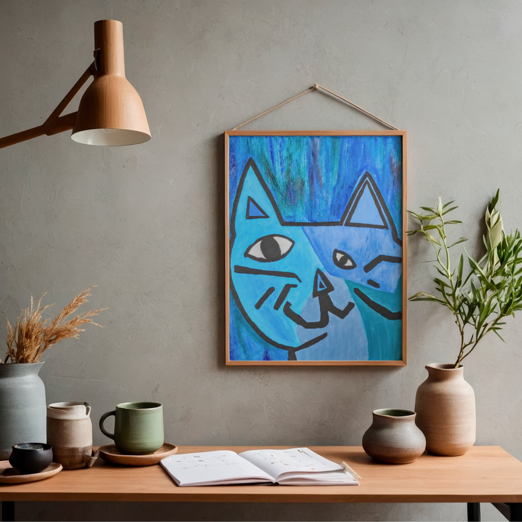 Picasso-Inspired Blue Cat Canvas Print – A3 Bold Abstract Wall Art