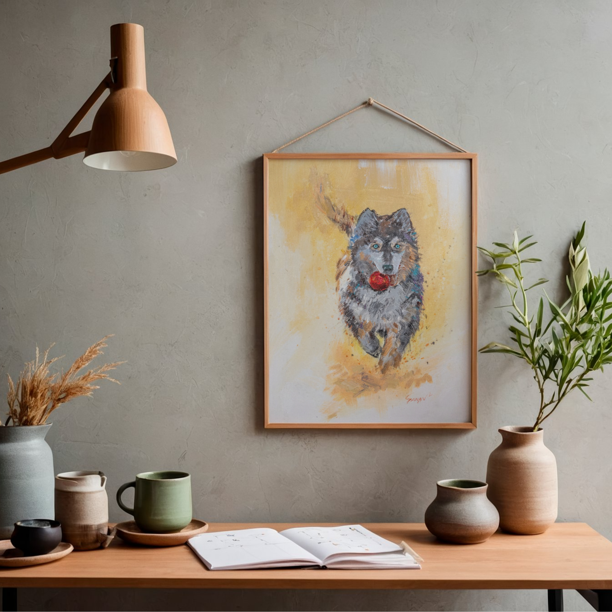 Playful Husky with Red Ball Canvas Print – A3 Energetic Dog Wall Art