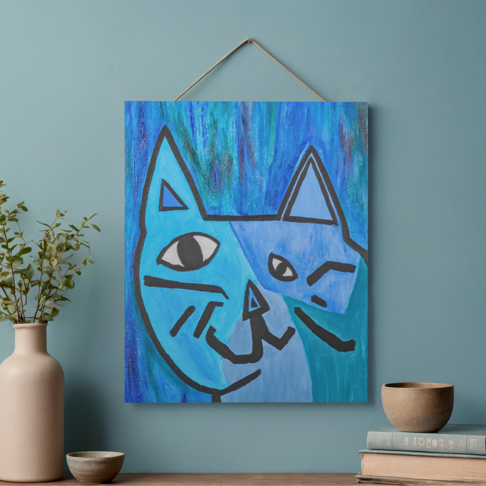Picasso-Inspired Blue Cat Canvas Print – A3 Bold Abstract Wall Art