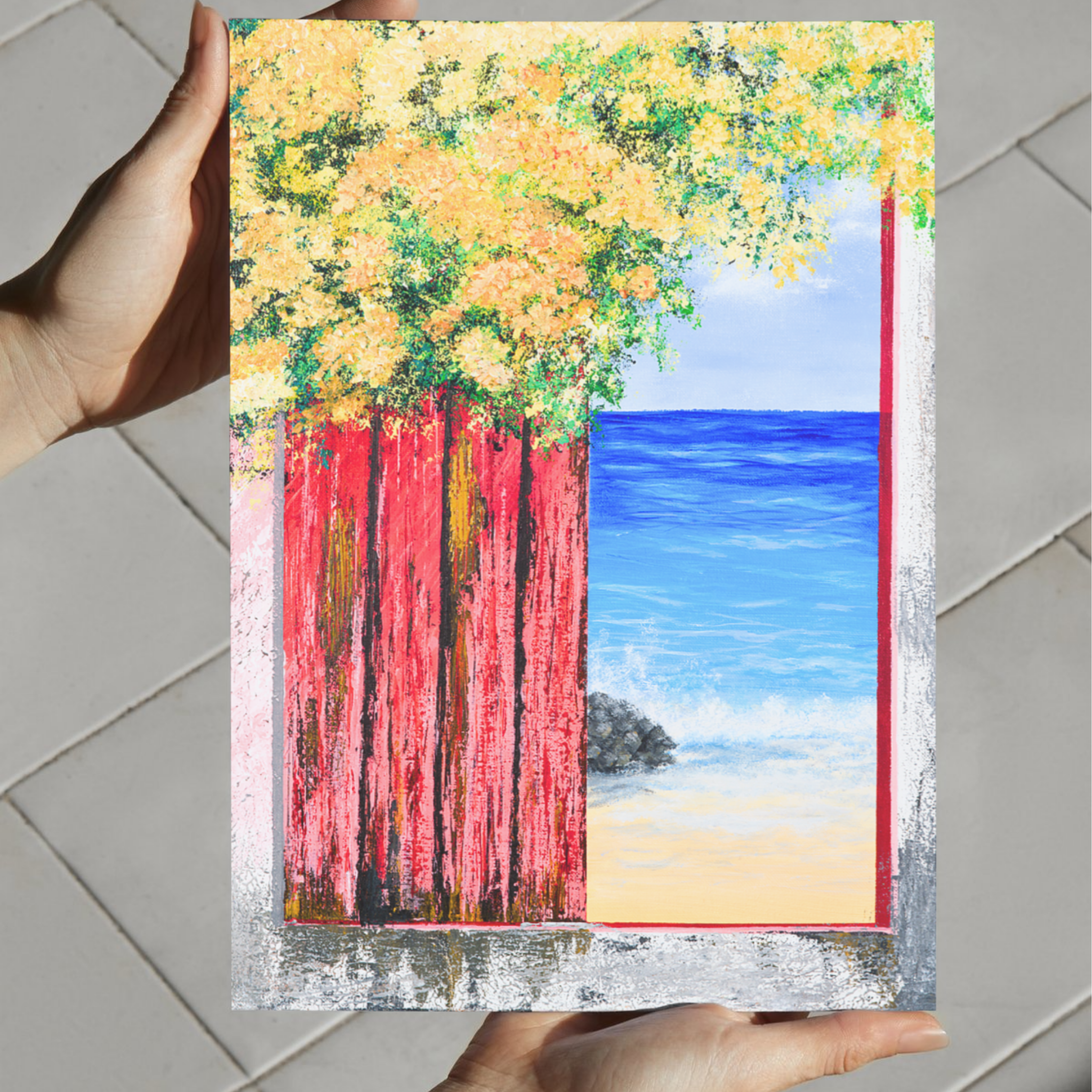 Ocean View with Blossoms Canvas Print – A3 Coastal Floral Landscape Wall Art