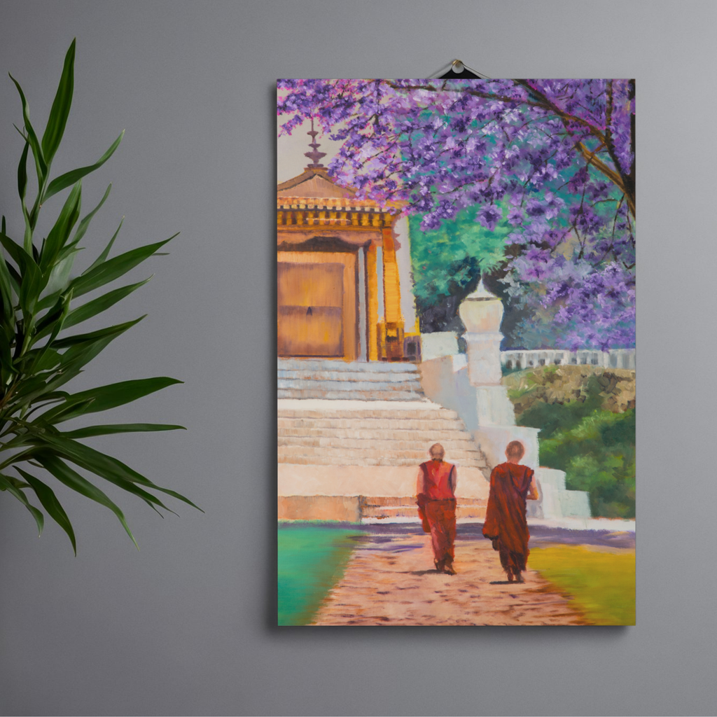 Temple Path Canvas Print – A3 Spiritual Landscape Wall Art with Purple Blossoms