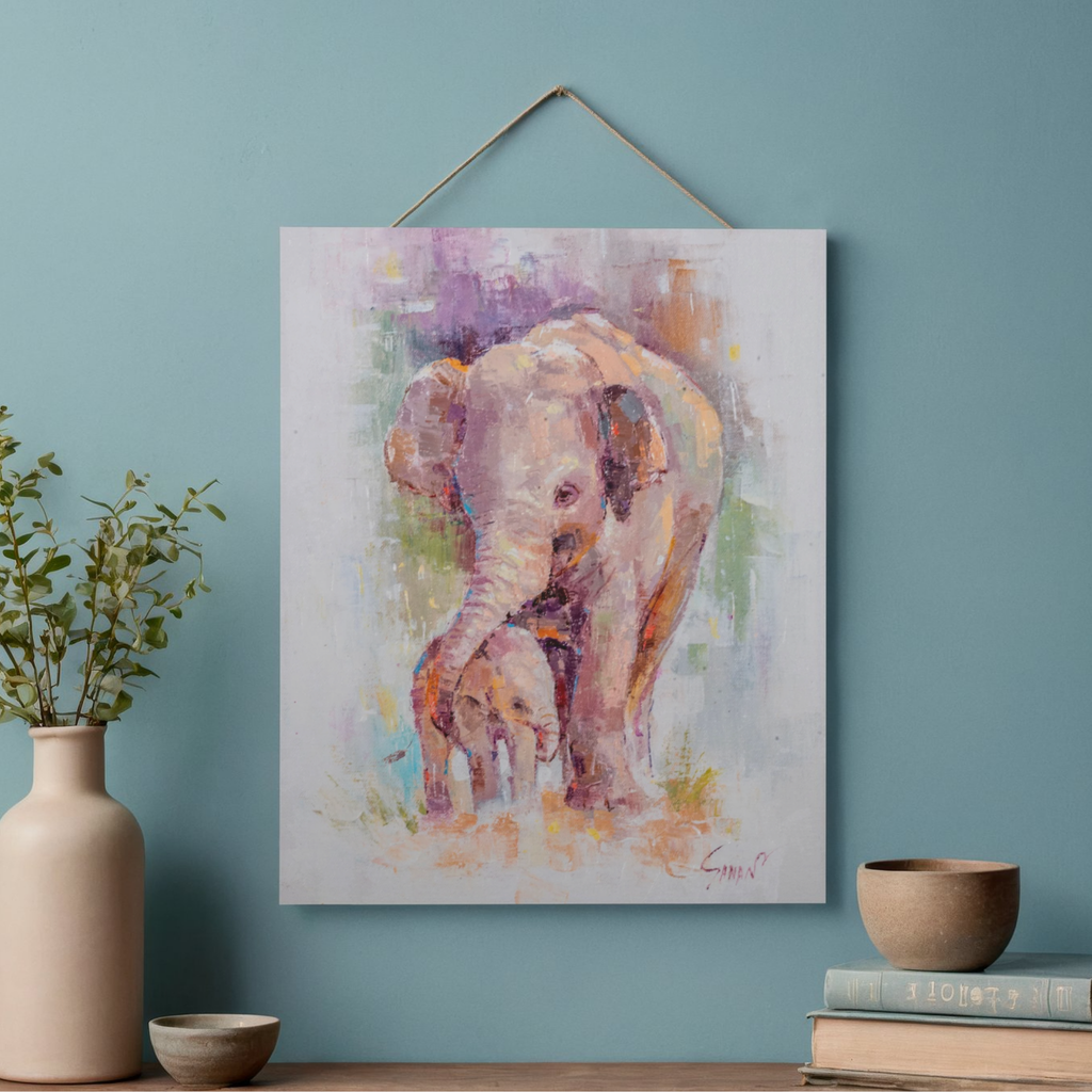 Elephant Mother & Baby Canvas Print – A3 Tender Wildlife Wall Art