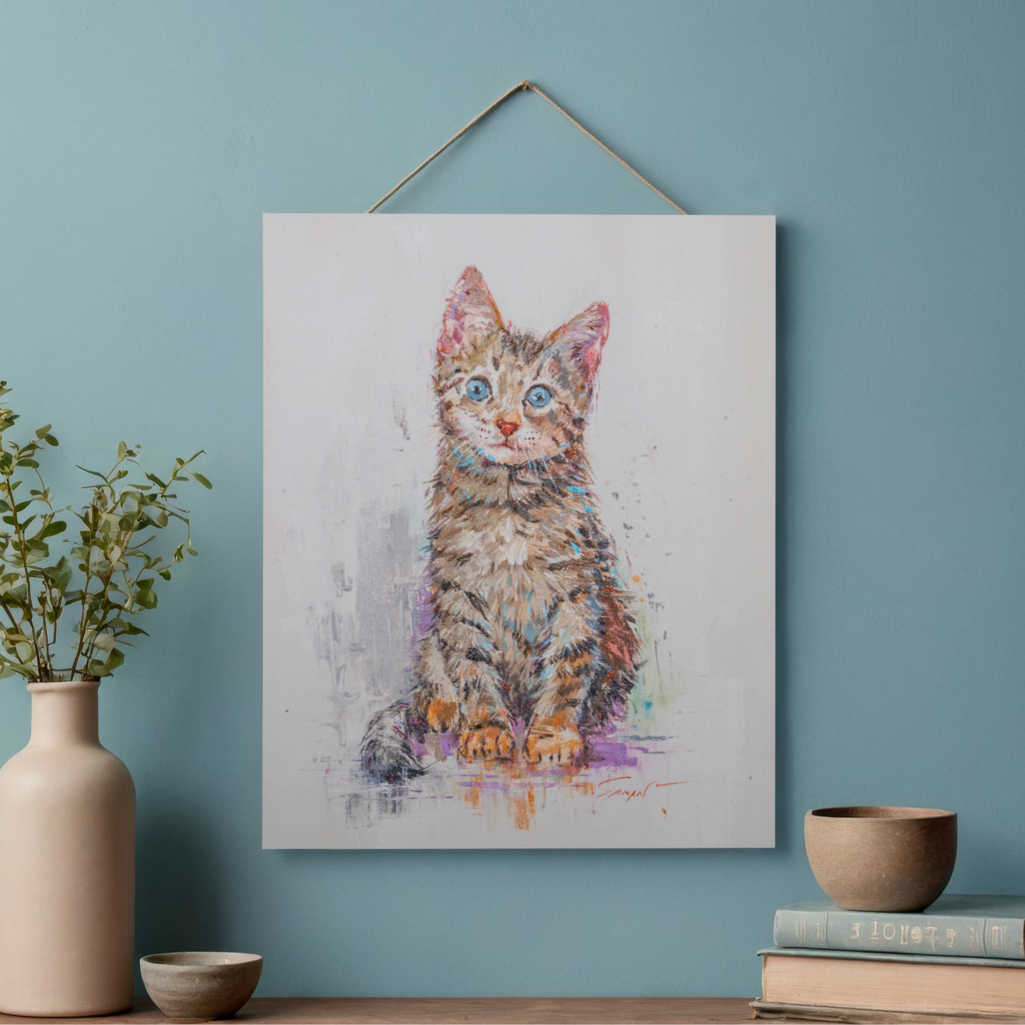 Blue-Eyed Tabby Kitten Canvas Print – A3 Adorable Pet Portrait Wall Art