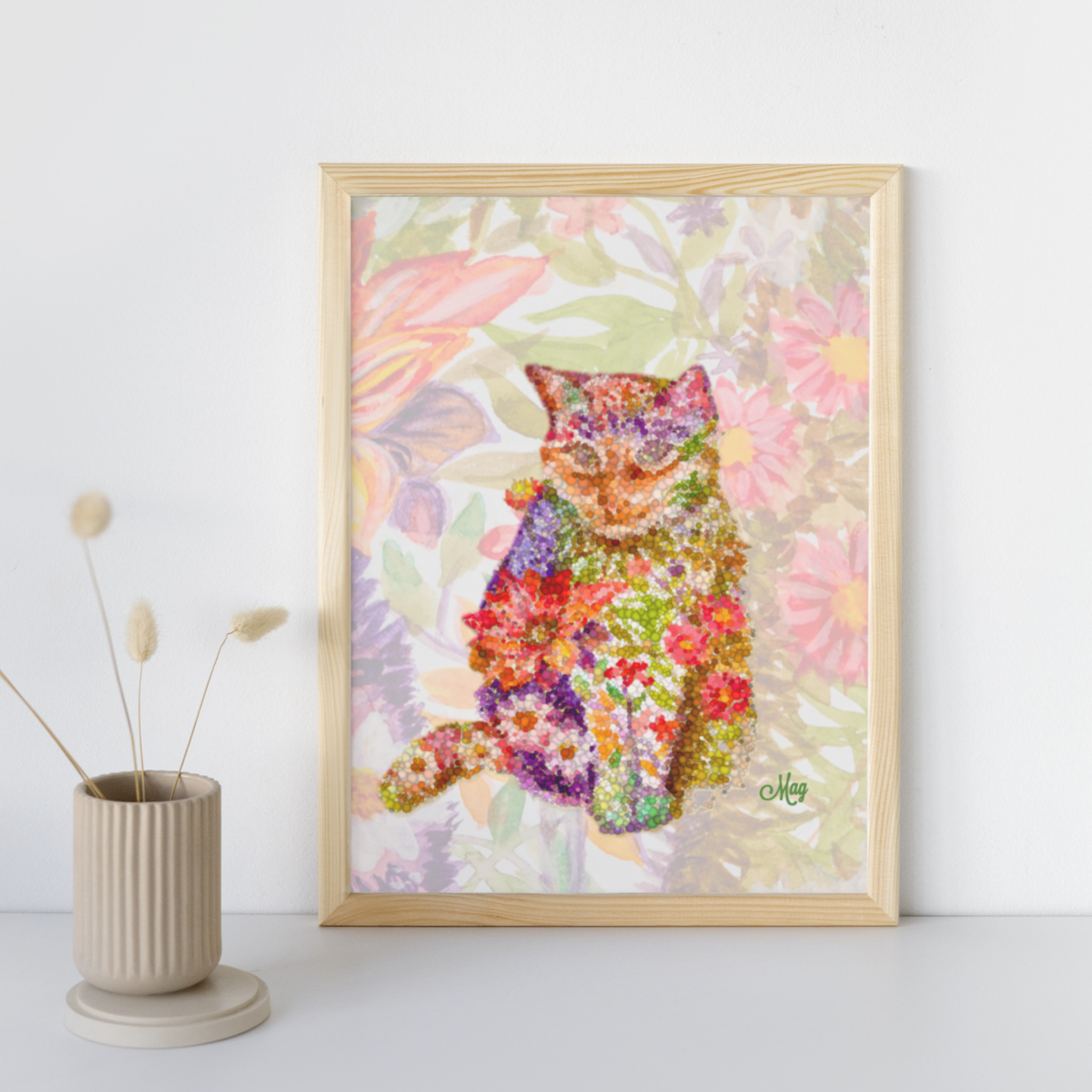 Floral Pointillism Cat Canvas Print – A3 Vibrant Whimsical Wall Art