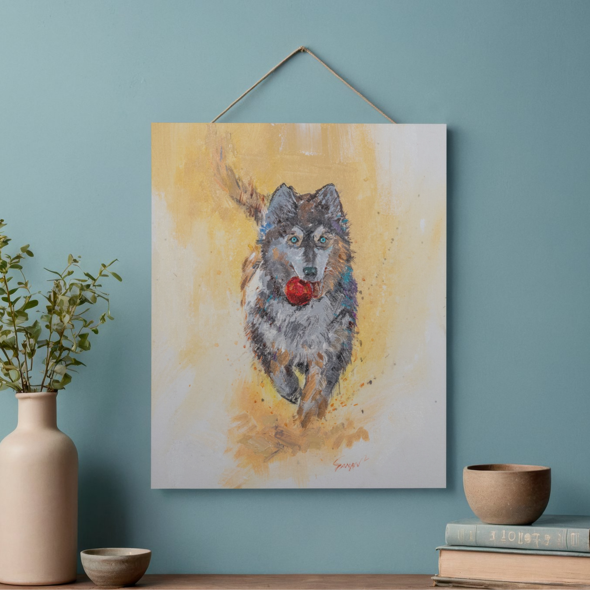 Playful Husky with Red Ball Canvas Print – A3 Energetic Dog Wall Art