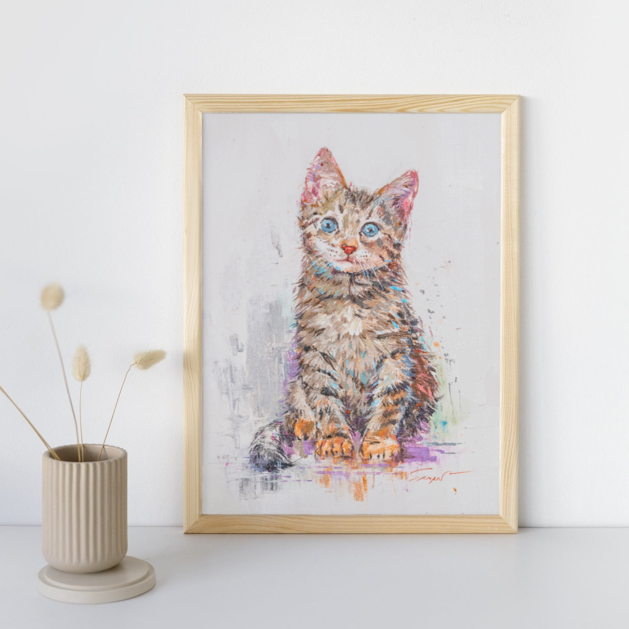 Blue-Eyed Tabby Kitten Canvas Print – A3 Adorable Pet Portrait Wall Art