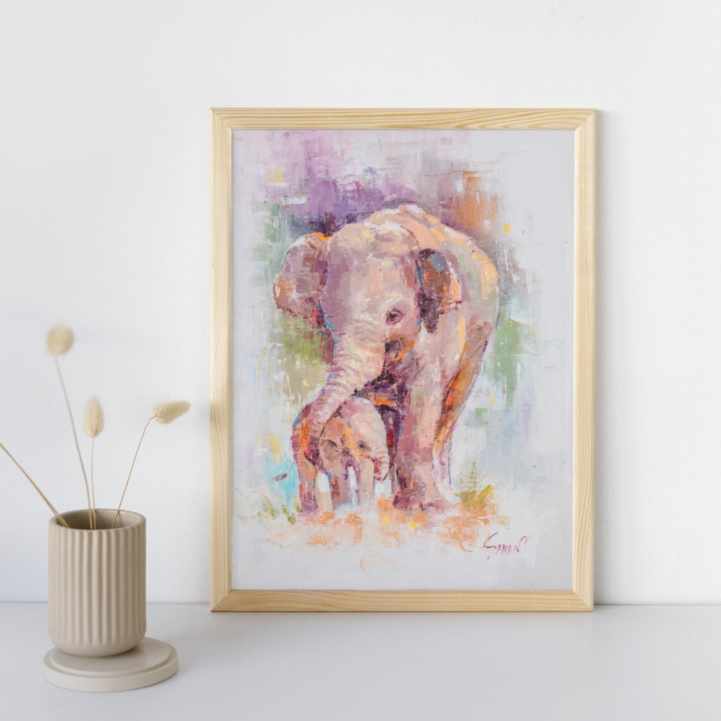 Elephant Mother & Baby Canvas Print – A3 Tender Wildlife Wall Art