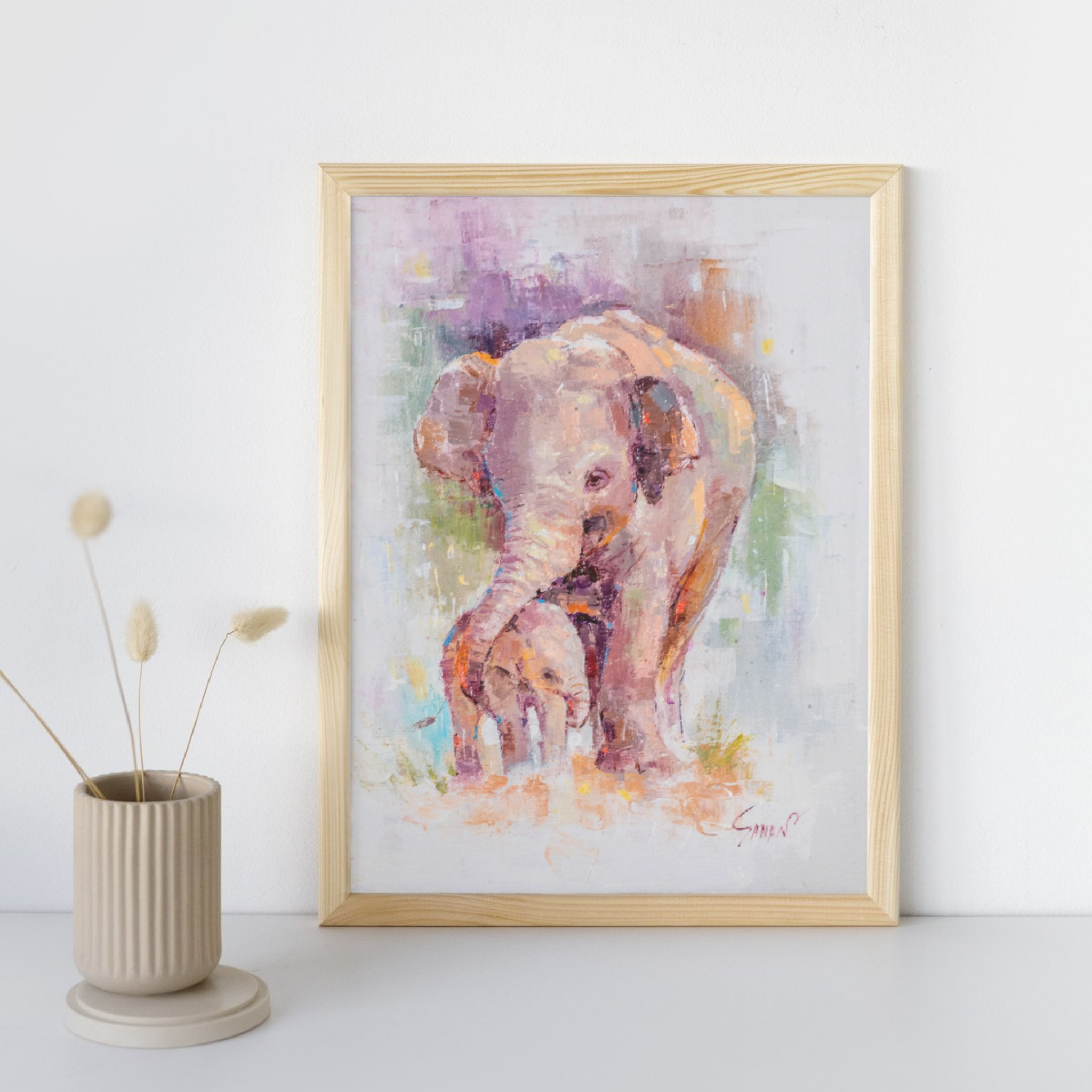 Elephant Mother & Baby Canvas Print – A3 Tender Wildlife Wall Art