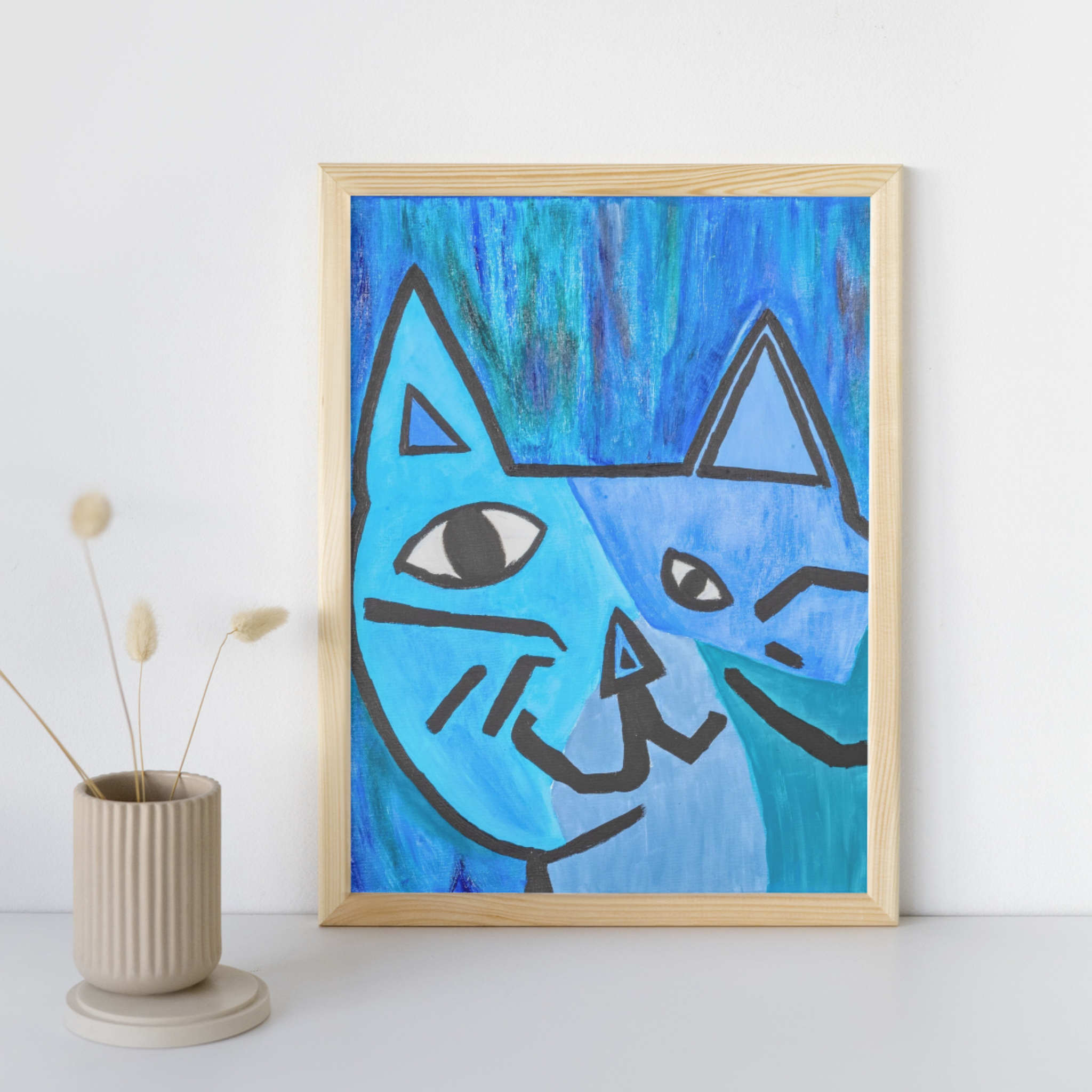 Picasso-Inspired Blue Cat Canvas Print – A3 Bold Abstract Wall Art