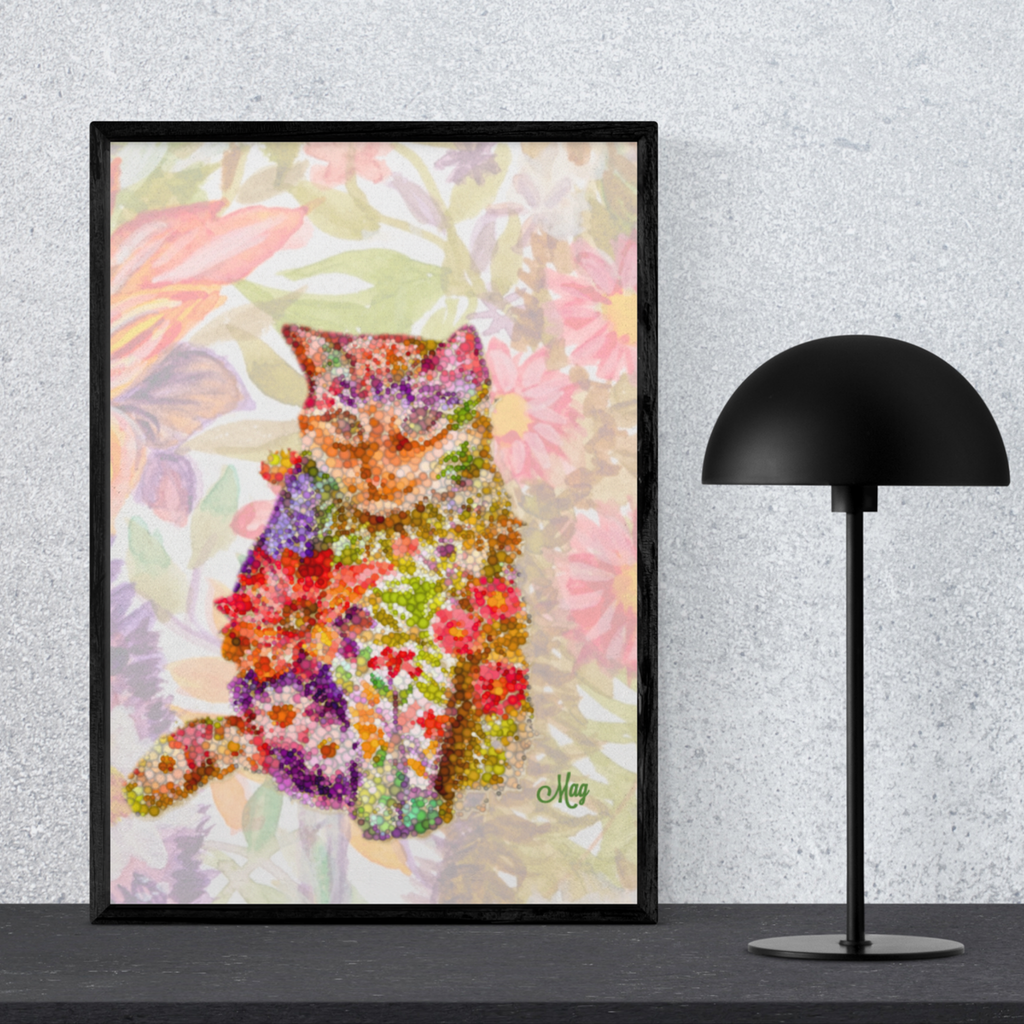 Floral Pointillism Cat Canvas Print – A3 Vibrant Whimsical Wall Art