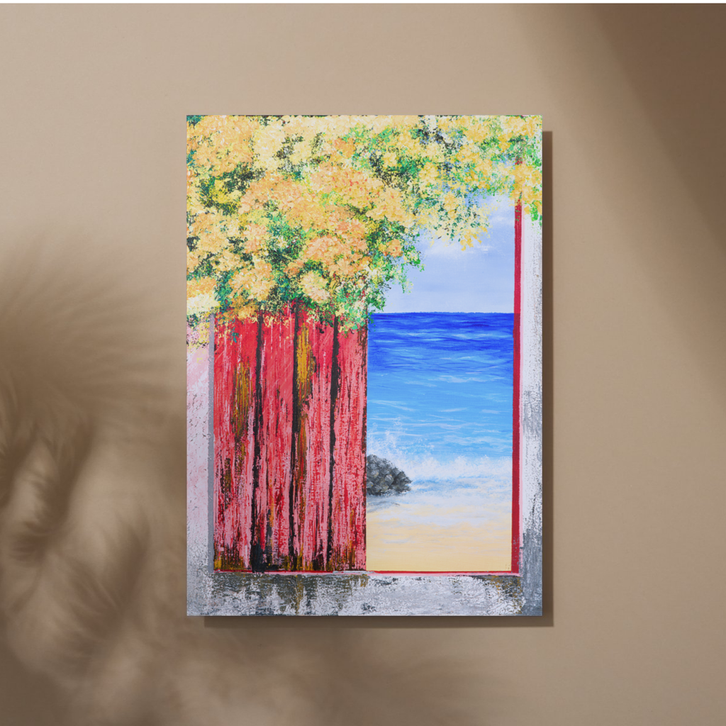 Ocean View with Blossoms Canvas Print – A3 Coastal Floral Landscape Wall Art