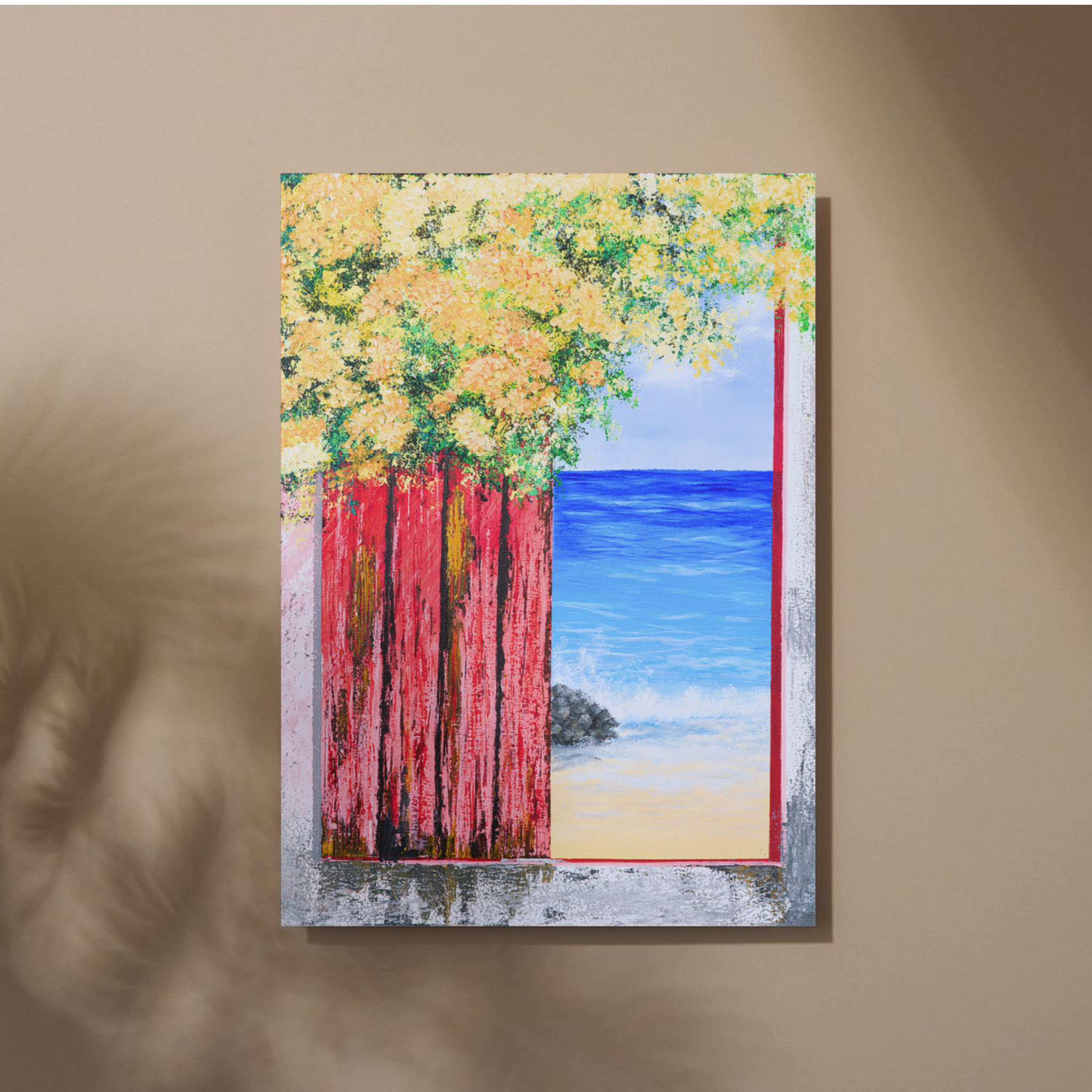 Ocean View with Blossoms Canvas Print – A3 Coastal Floral Landscape Wall Art