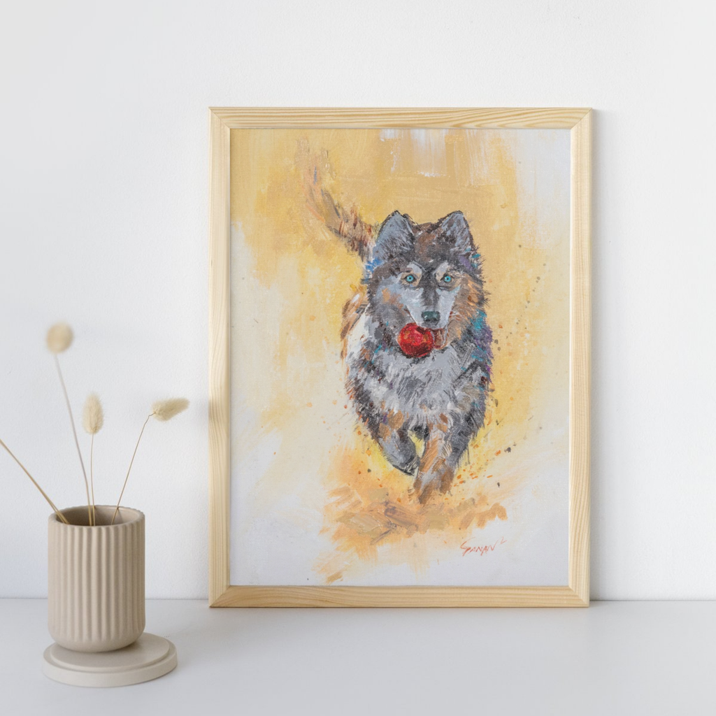 Playful Husky with Red Ball Canvas Print – A3 Energetic Dog Wall Art