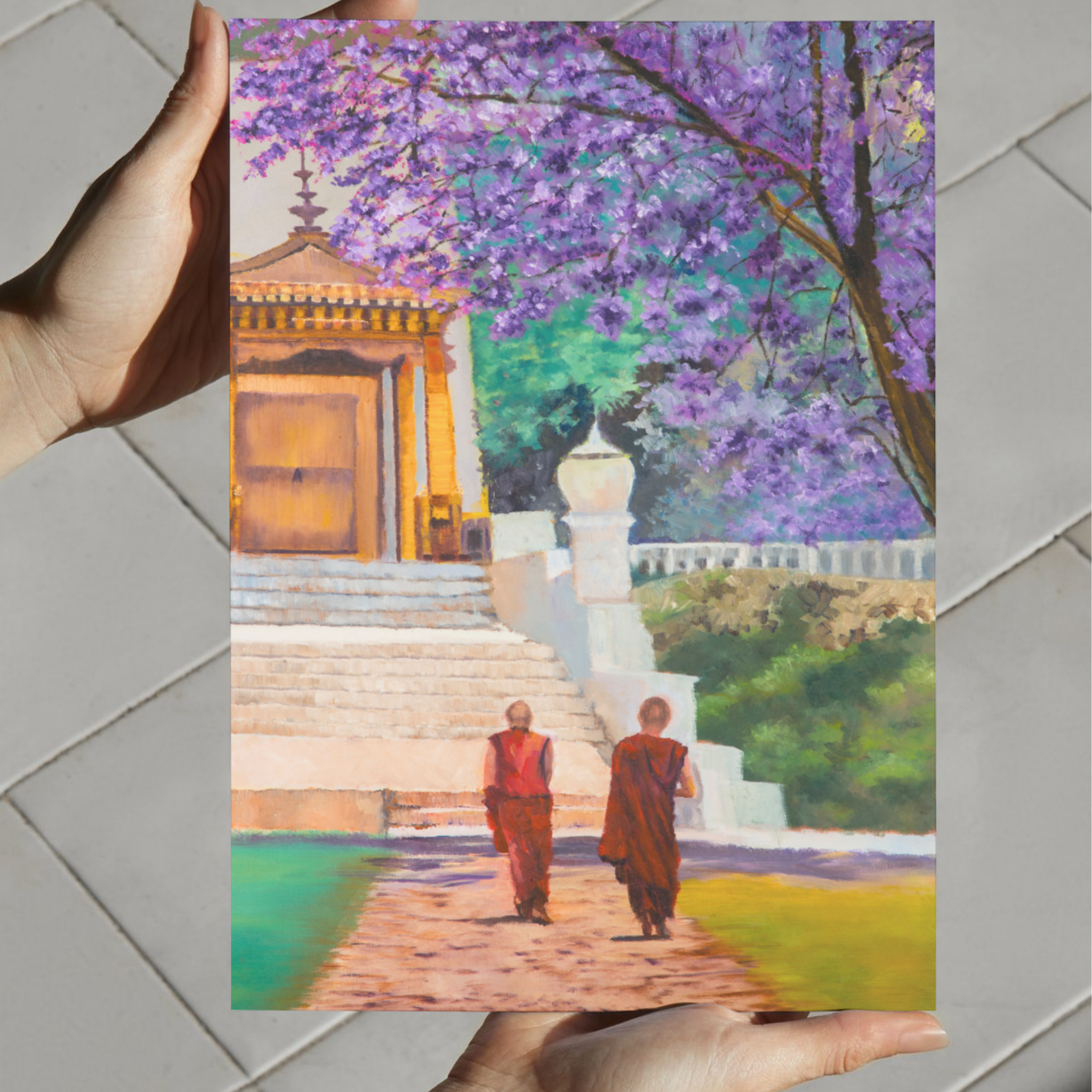 Temple Path Canvas Print – A3 Spiritual Landscape Wall Art with Purple Blossoms