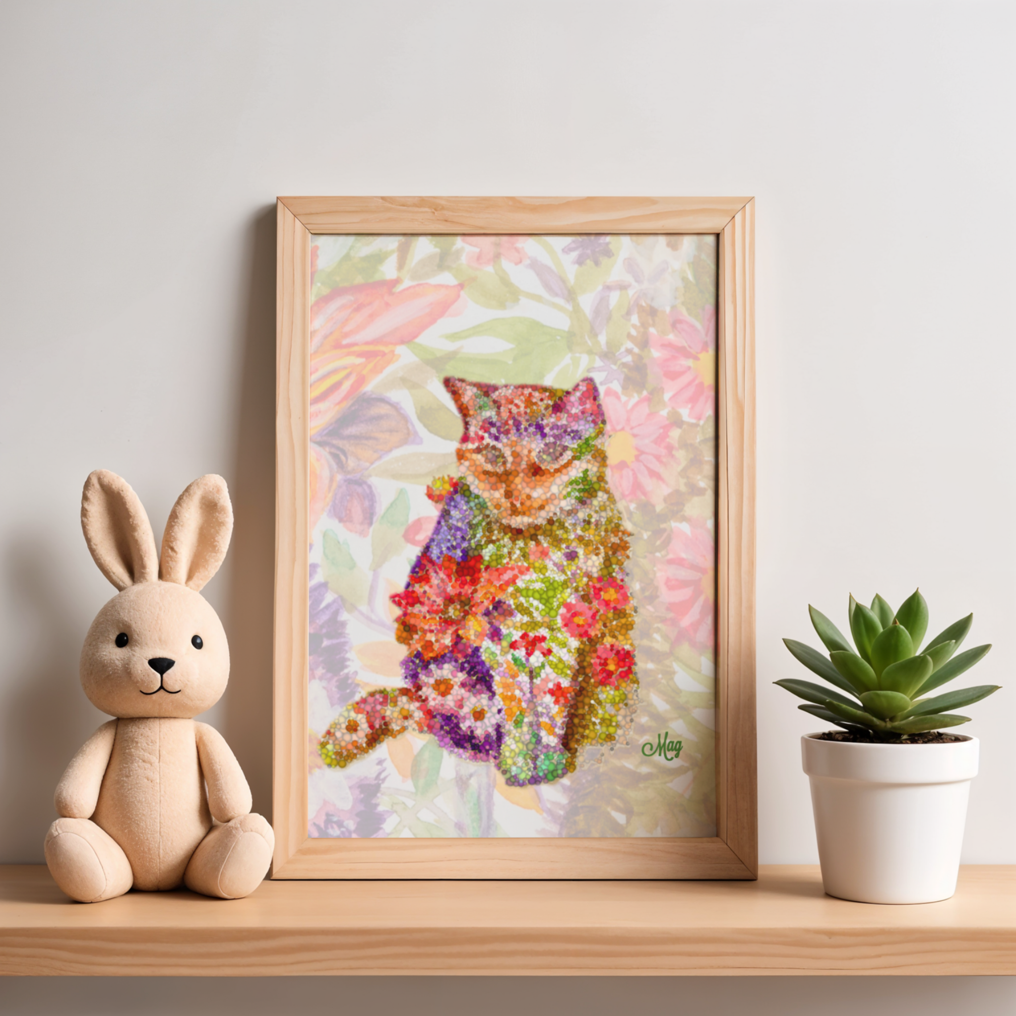Floral Pointillism Cat Canvas Print – A3 Vibrant Whimsical Wall Art