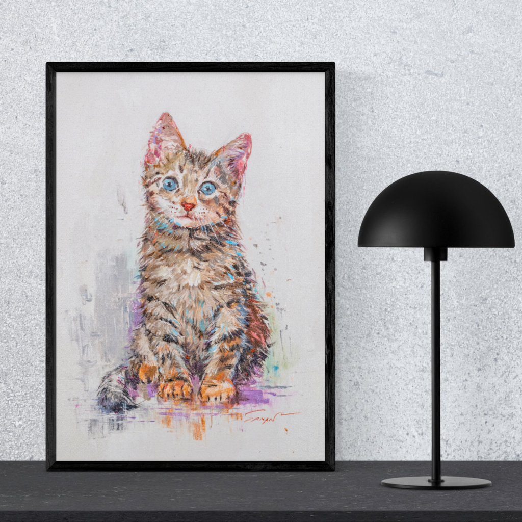 Blue-Eyed Tabby Kitten Canvas Print – A3 Adorable Pet Portrait Wall Art