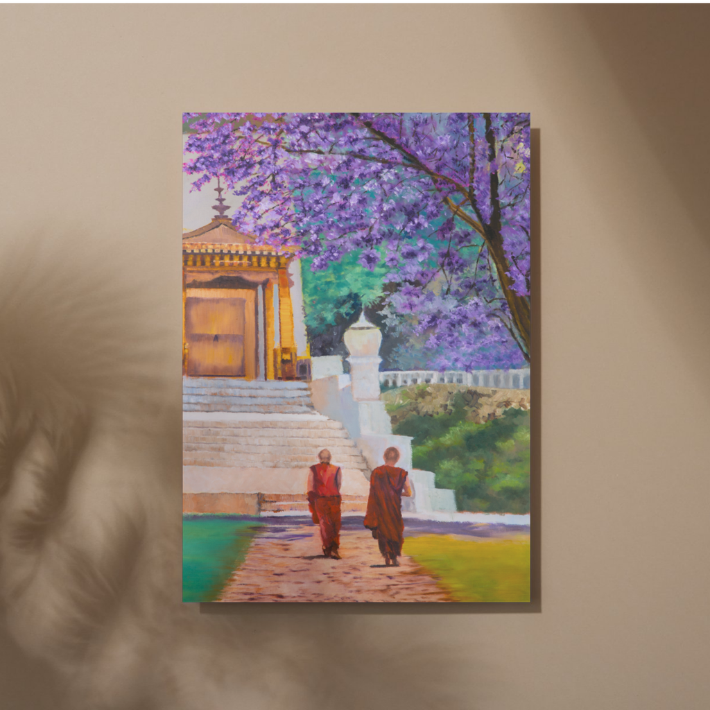 Temple Path Canvas Print – A3 Spiritual Landscape Wall Art with Purple Blossoms