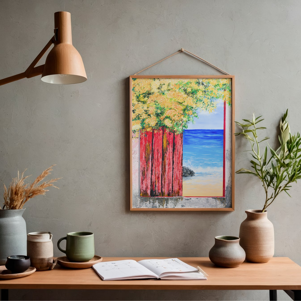 Ocean View with Blossoms Canvas Print – A3 Coastal Floral Landscape Wall Art