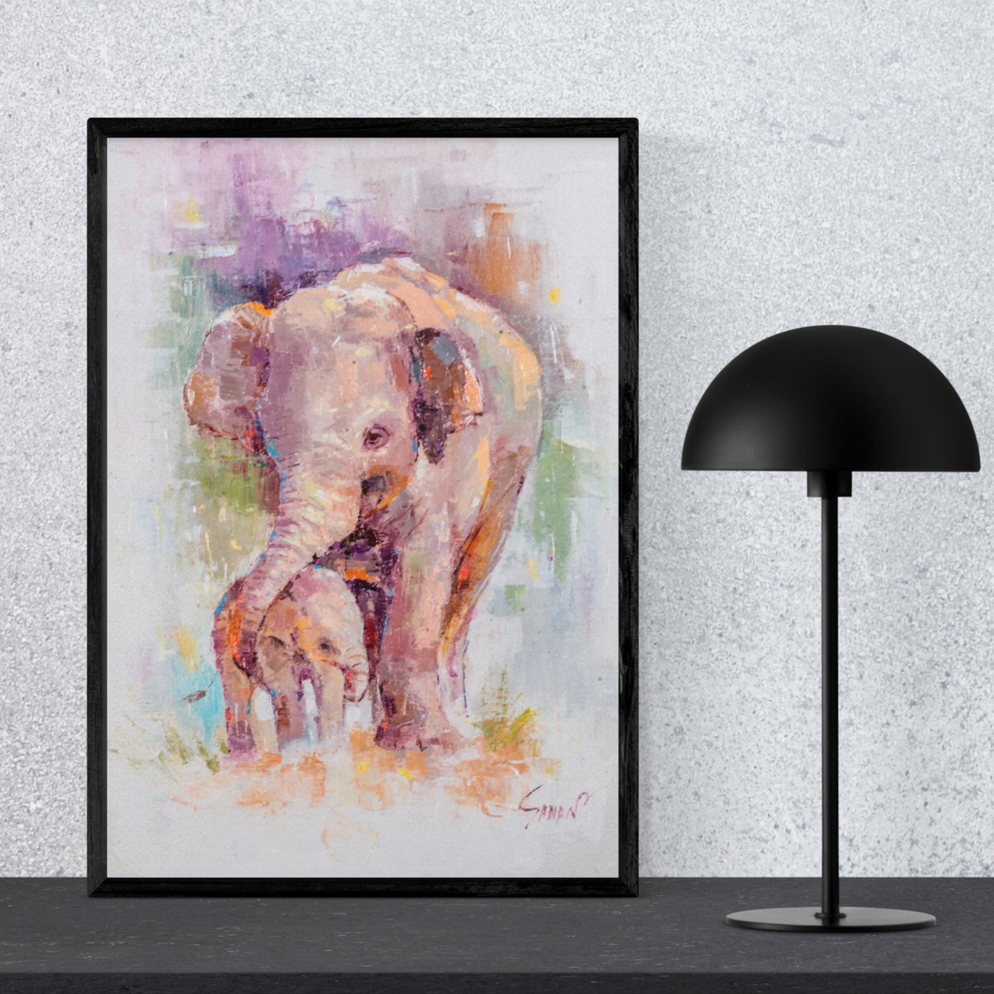 Elephant Mother & Baby Canvas Print – A3 Tender Wildlife Wall Art