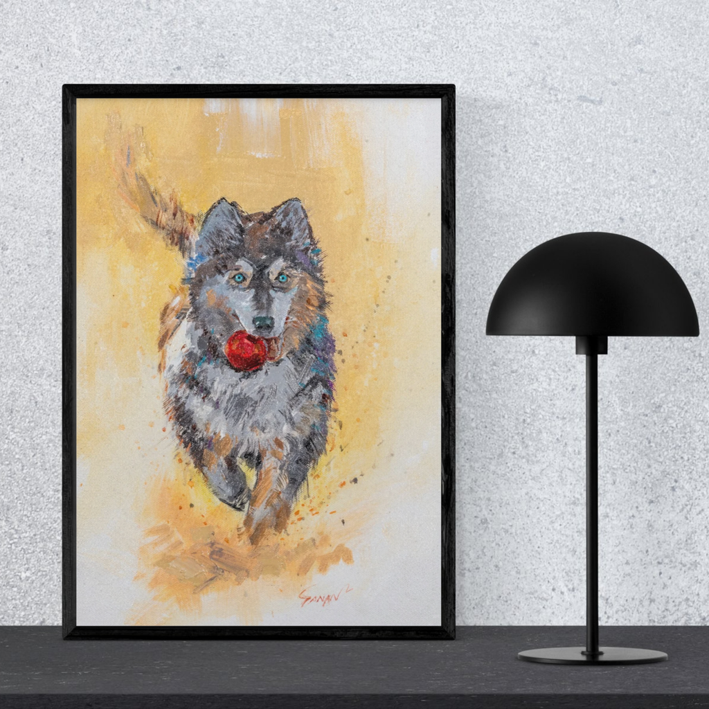 Playful Husky with Red Ball Canvas Print – A3 Energetic Dog Wall Art
