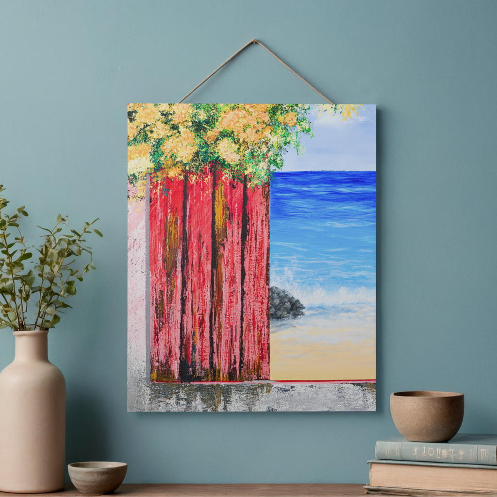 Ocean View with Blossoms Canvas Print – A3 Coastal Floral Landscape Wall Art