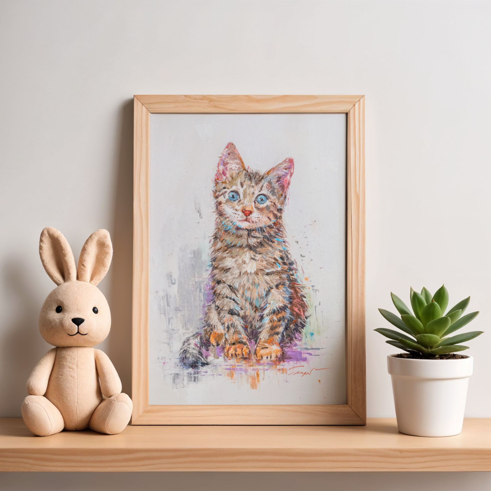 Blue-Eyed Tabby Kitten Canvas Print – A3 Adorable Pet Portrait Wall Art