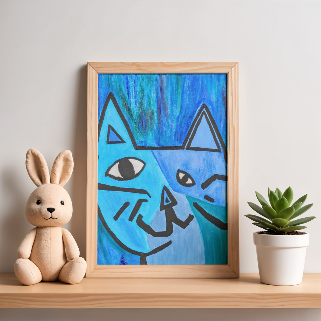 Picasso-Inspired Blue Cat Canvas Print – A3 Bold Abstract Wall Art