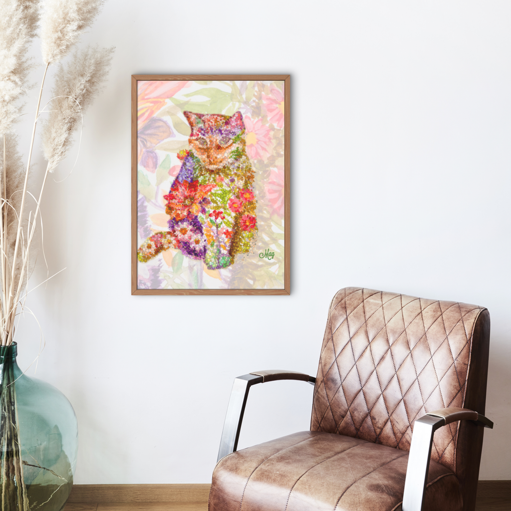 Floral Pointillism Cat Canvas Print – A3 Vibrant Whimsical Wall Art