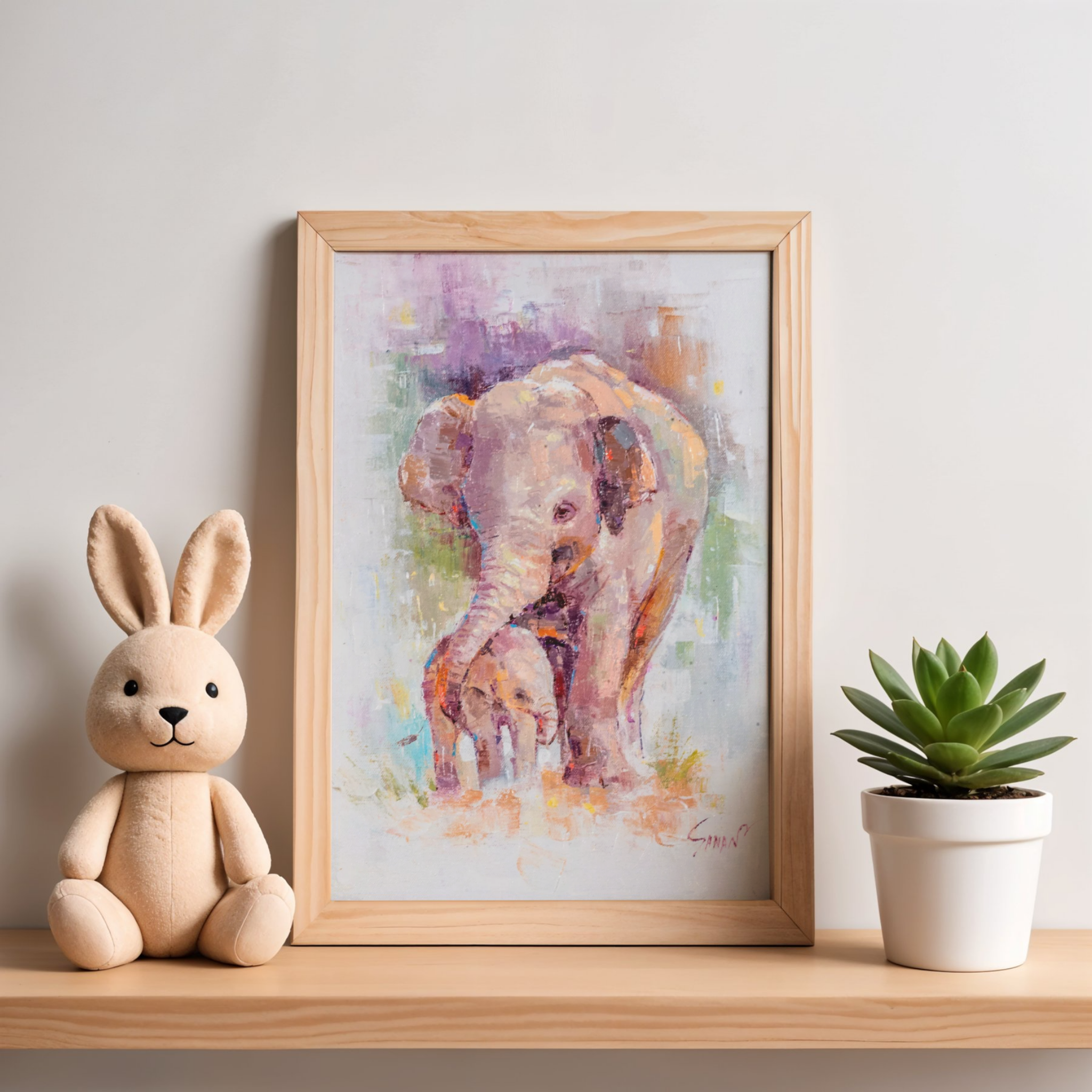 Elephant Mother & Baby Canvas Print – A3 Tender Wildlife Wall Art