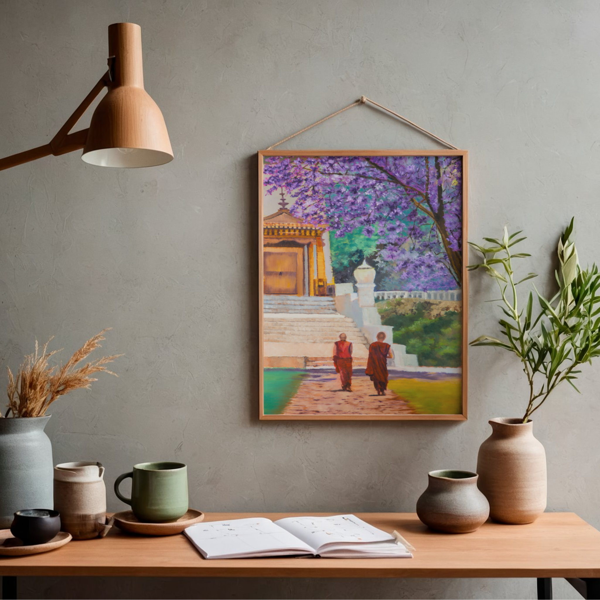 Temple Path Canvas Print – A3 Spiritual Landscape Wall Art with Purple Blossoms