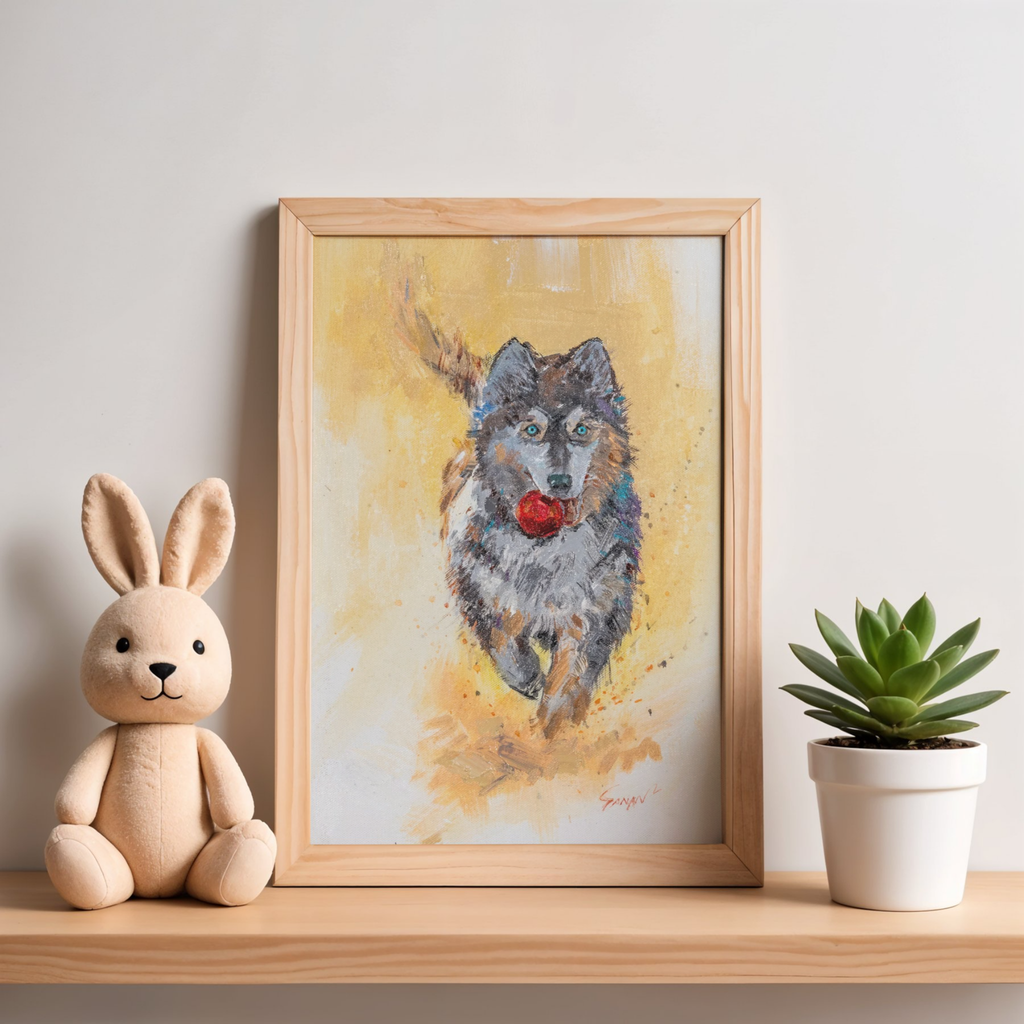 Playful Husky with Red Ball Canvas Print – A3 Energetic Dog Wall Art