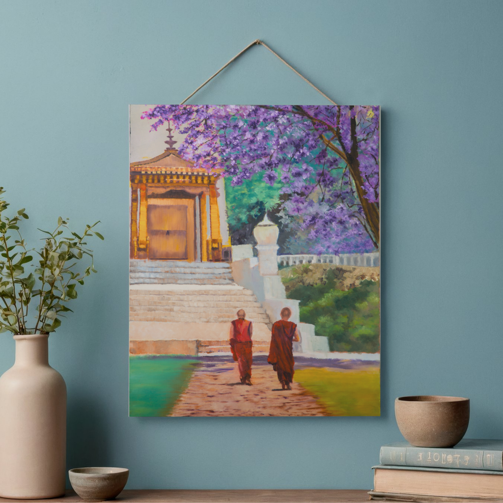 Temple Path Canvas Print – A3 Spiritual Landscape Wall Art with Purple Blossoms