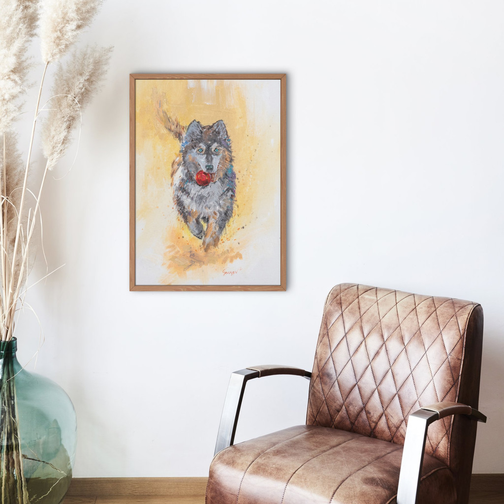Playful Husky with Red Ball Canvas Print – A3 Energetic Dog Wall Art