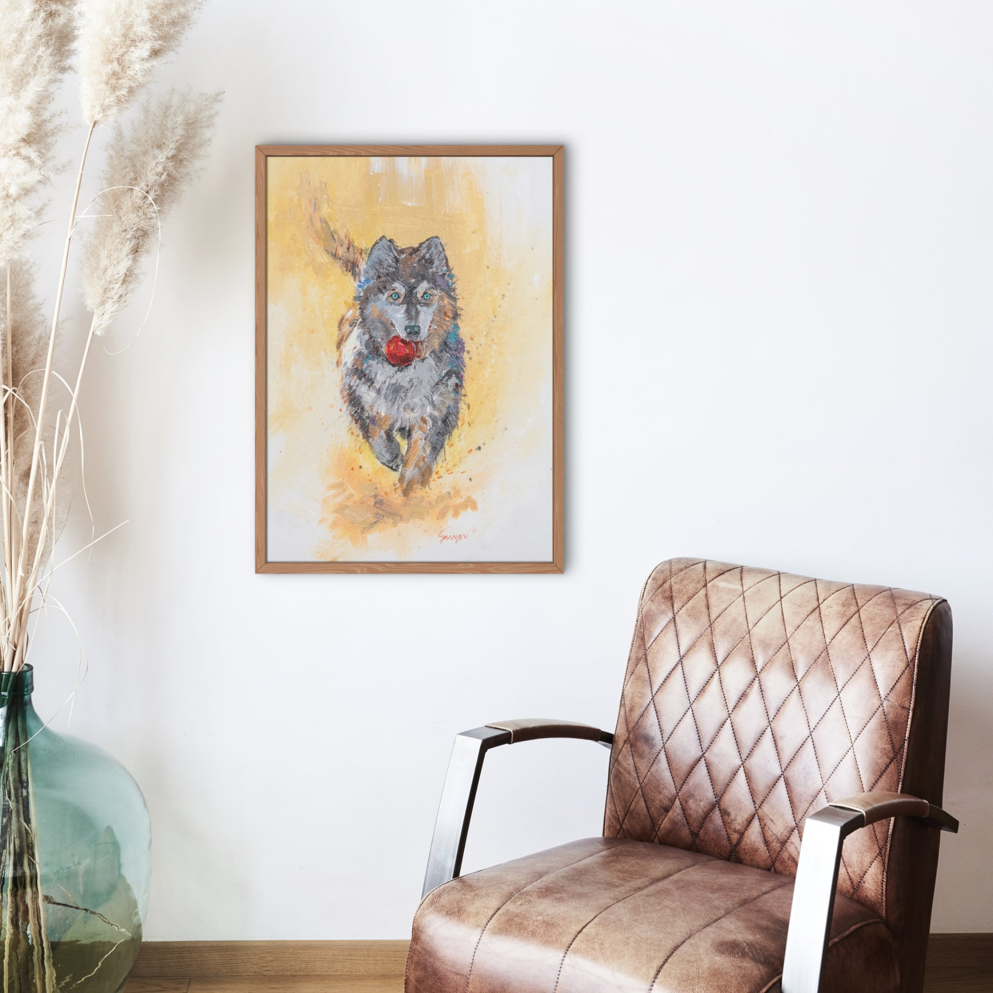 Playful Husky with Red Ball Canvas Print – A3 Energetic Dog Wall Art