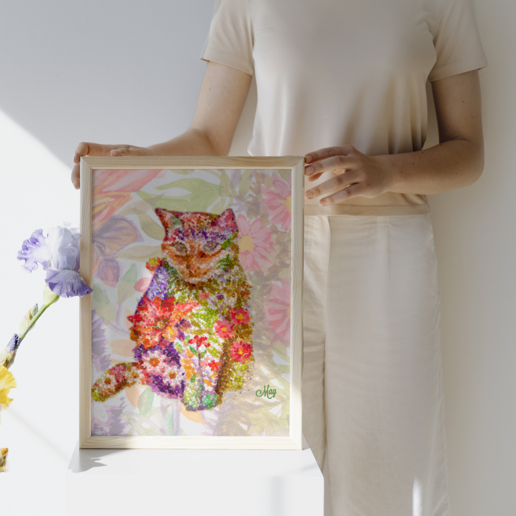 Floral Pointillism Cat Canvas Print – A3 Vibrant Whimsical Wall Art