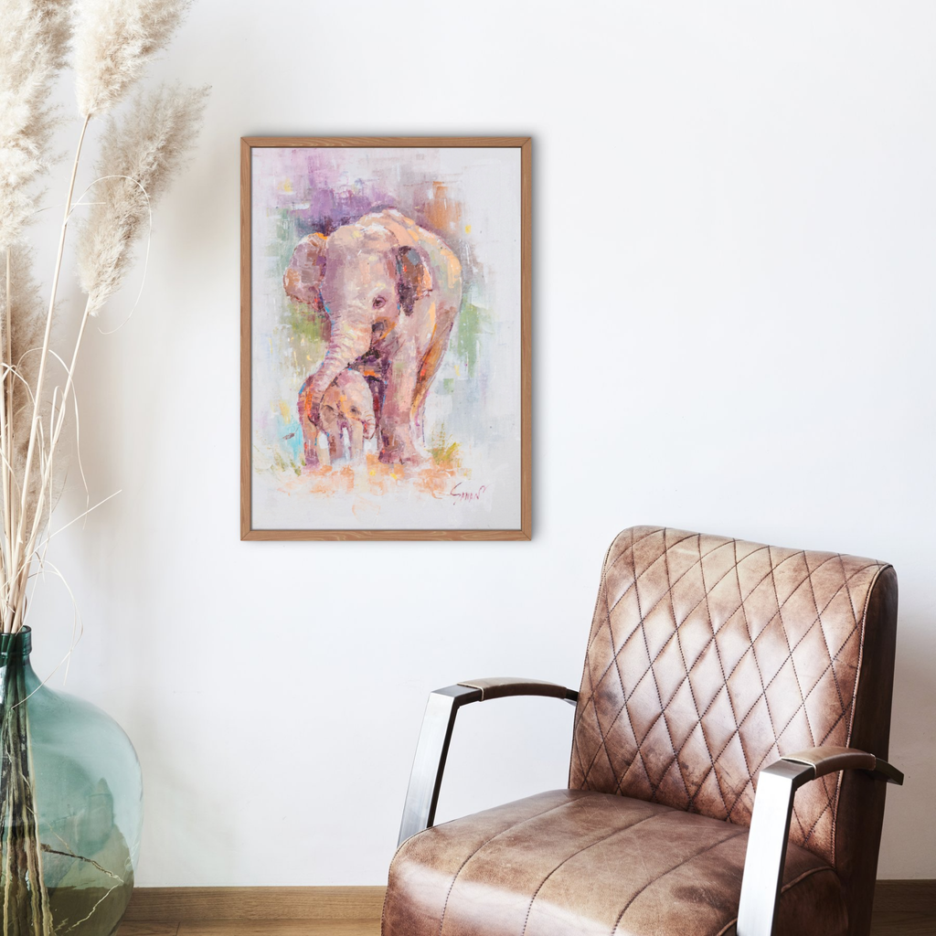 Elephant Mother & Baby Canvas Print – A3 Tender Wildlife Wall Art