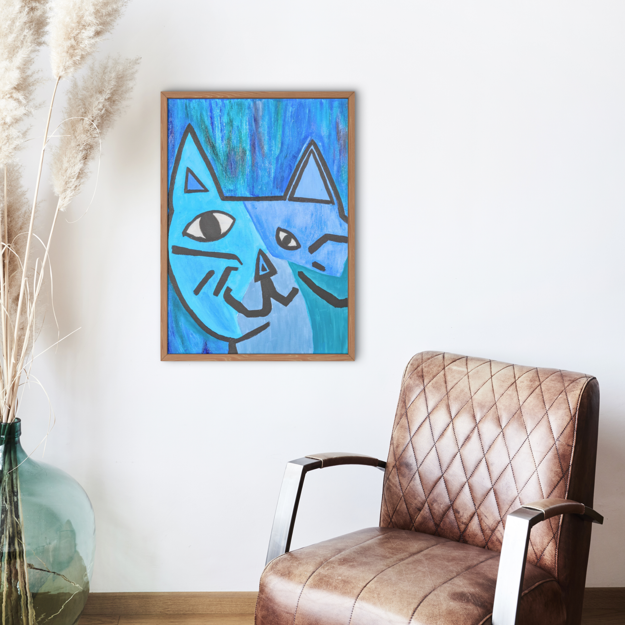 Picasso-Inspired Blue Cat Canvas Print – A3 Bold Abstract Wall Art