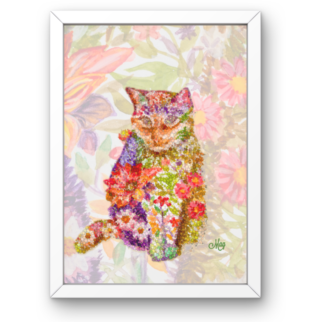 Floral Pointillism Cat Canvas Print – A3 Vibrant Whimsical Wall Art