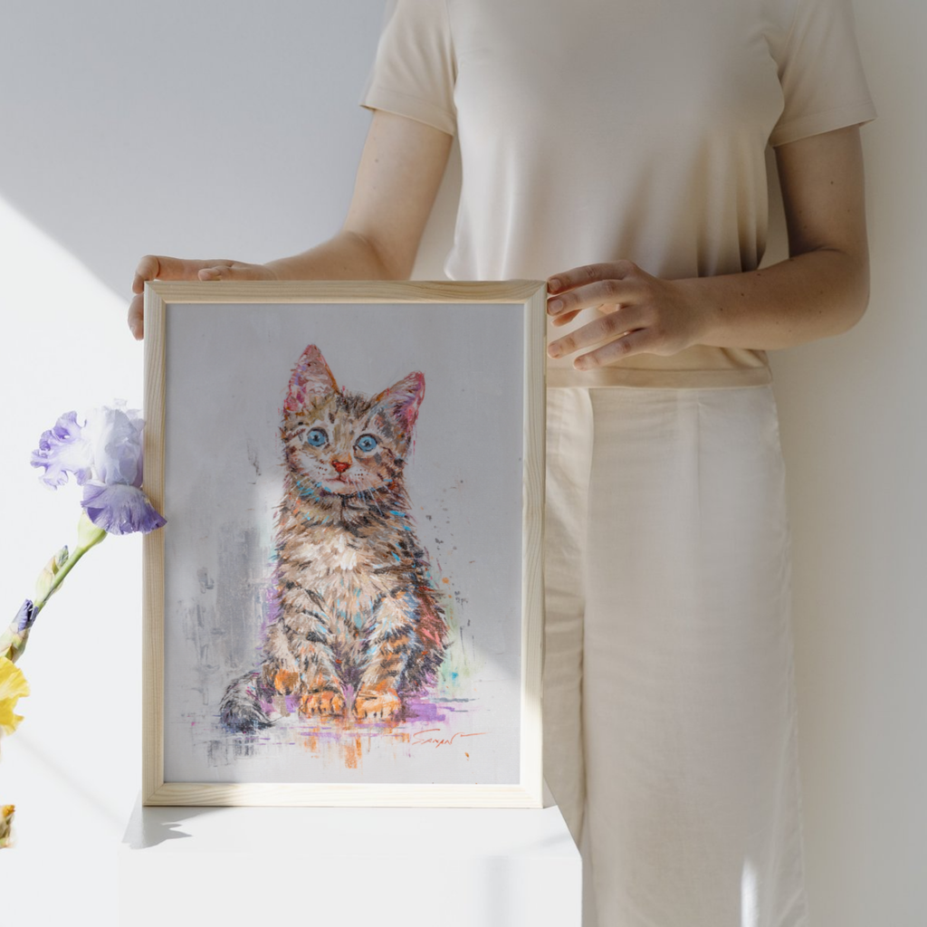 Blue-Eyed Tabby Kitten Canvas Print – A3 Adorable Pet Portrait Wall Art