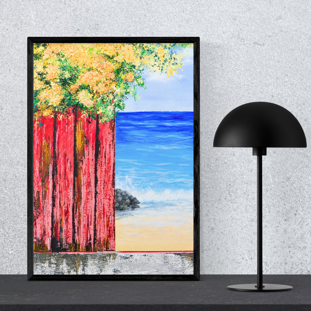 Ocean View with Blossoms Canvas Print – A3 Coastal Floral Landscape Wall Art
